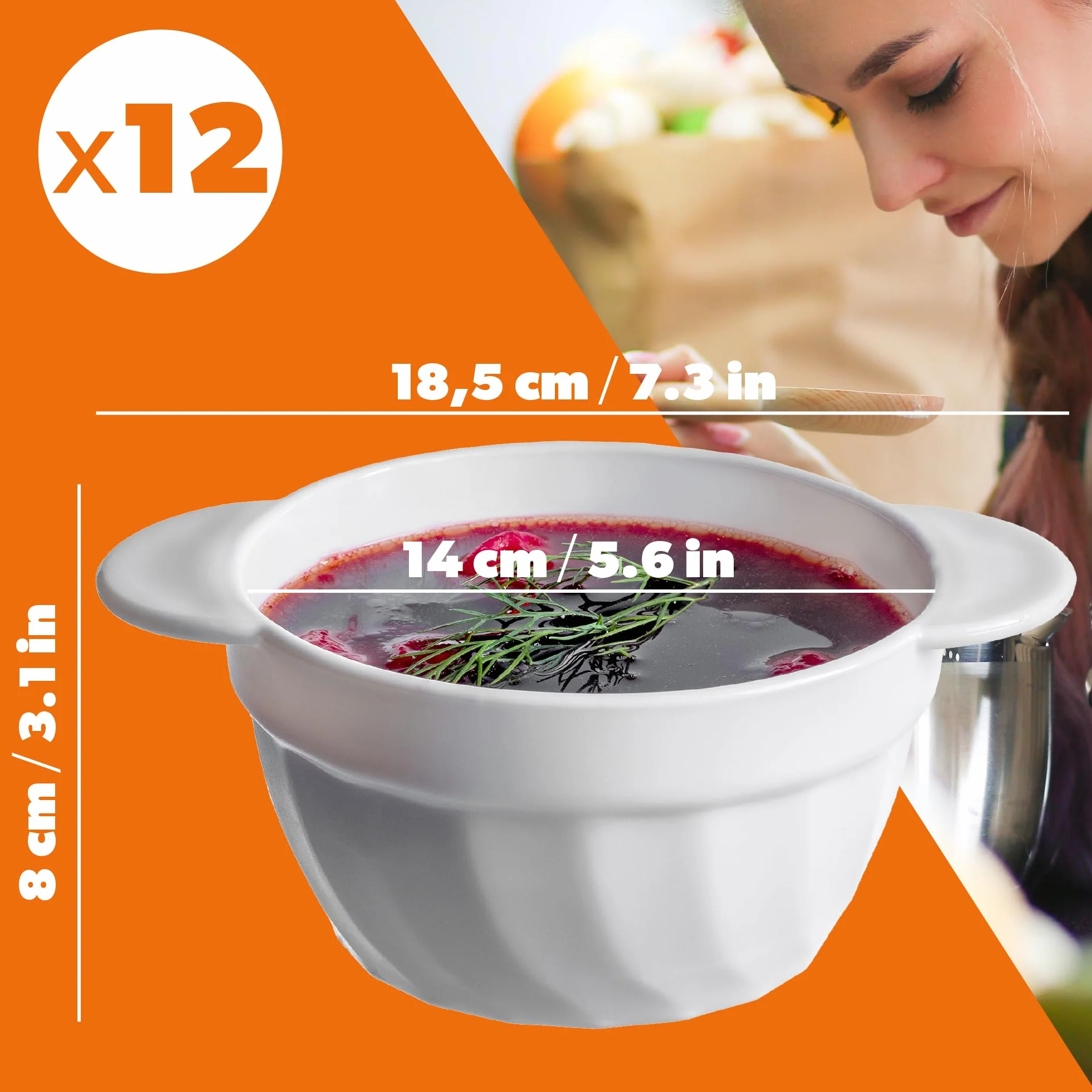 KADAX Filiżanki do zupy, 650 ml, miski na zupę ze wzmocnionego szkła, 18,5 x 14 x 8 cm, miseczki na zupę z podwójnymi uchwytami, waza do zup, kremów, bulionów (650 ml/12 sztuk)