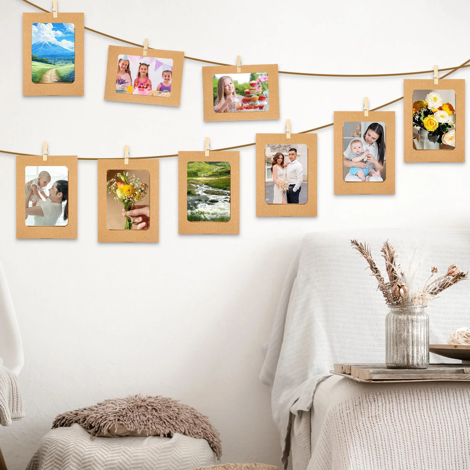 Ouligay 20 sztuk papierowych ramek na zdjęcia 10 x 15 cm, papierowe ramki na zdjęcia, do zawieszenia, z 20 drewnianymi klamerkami i 2 linkami konopnymi, girlanda na zdjęcia na urodziny, wesele