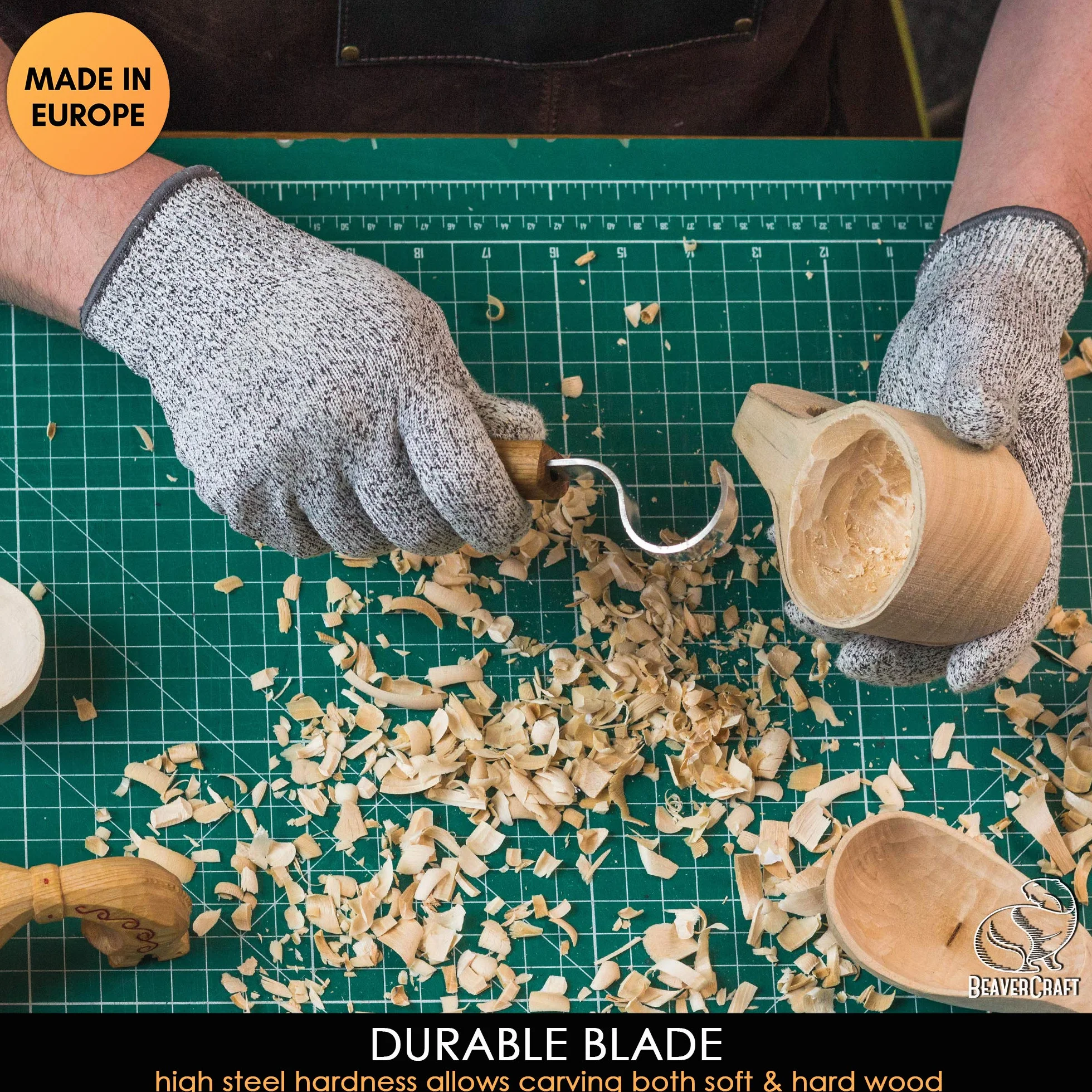 BeaverCraft Nóż z haczykiem SK2 dąb 3 cm ostrze łyżka do rzeźbienia w drewnie nóż do kubka miski, łyżki, rzeźbienia praworęcznego, zakrzywione narzędzia dla początkujących