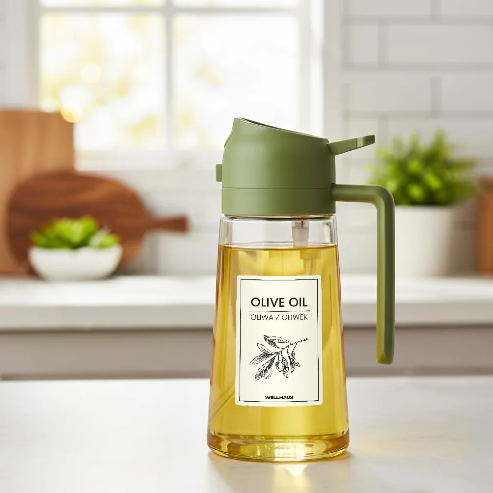 Spryskiwacz do oliwy i oleju 2w1– szklany dozownik oliwy o pojemności 470 ml z ochroną przed promieniowaniem UV, nalewak do oliwy i butelka z rozpylaczem do frytkownicy, gotowania (Zielony)
