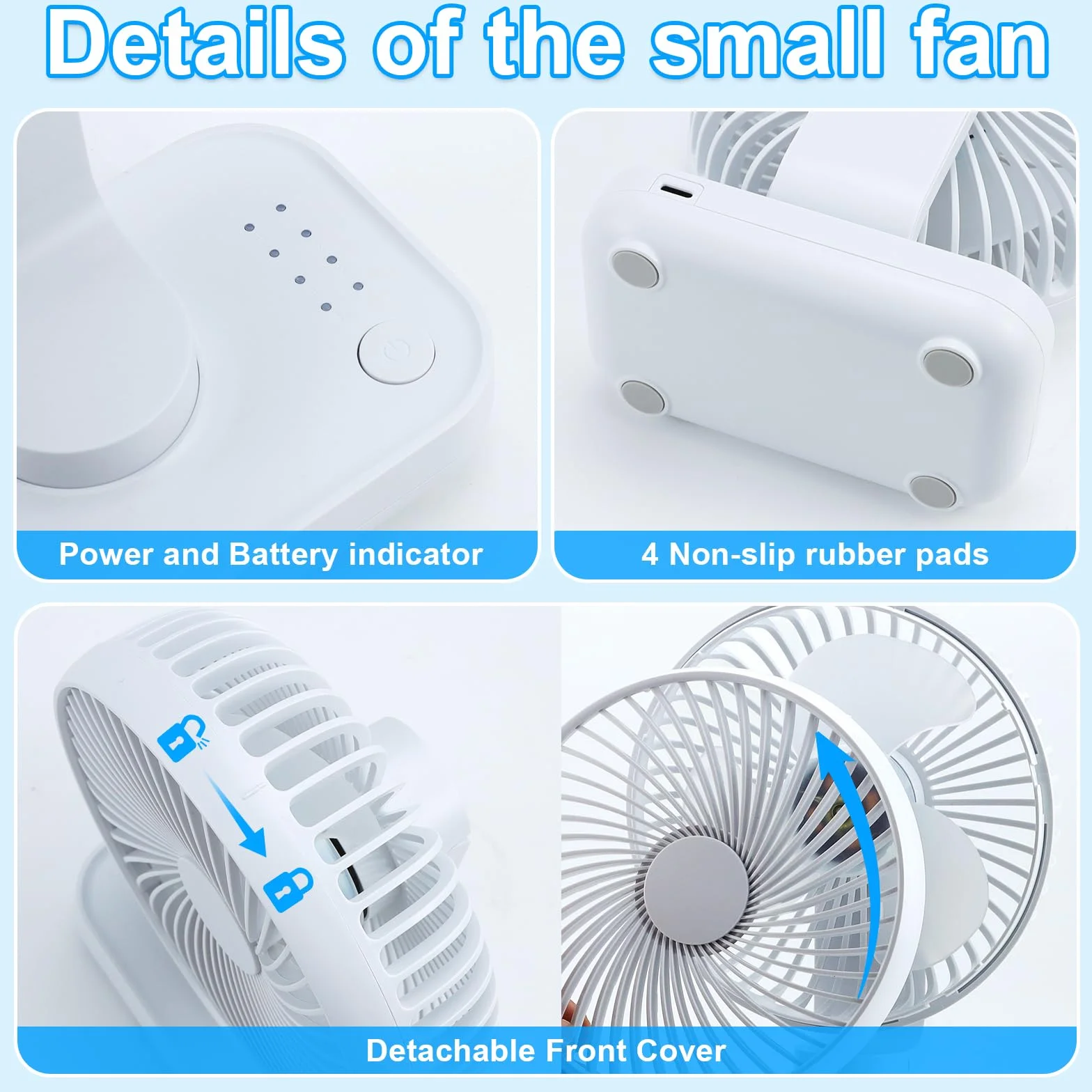 Qingning Cichy wentylator biurkowy USB, przenośny mini wentylator stołowy z 4 prędkościami, mały wentylator o mocy 5 cali, 4000 mAh, do domu, sypialni, biura, na zewnątrz (biały)