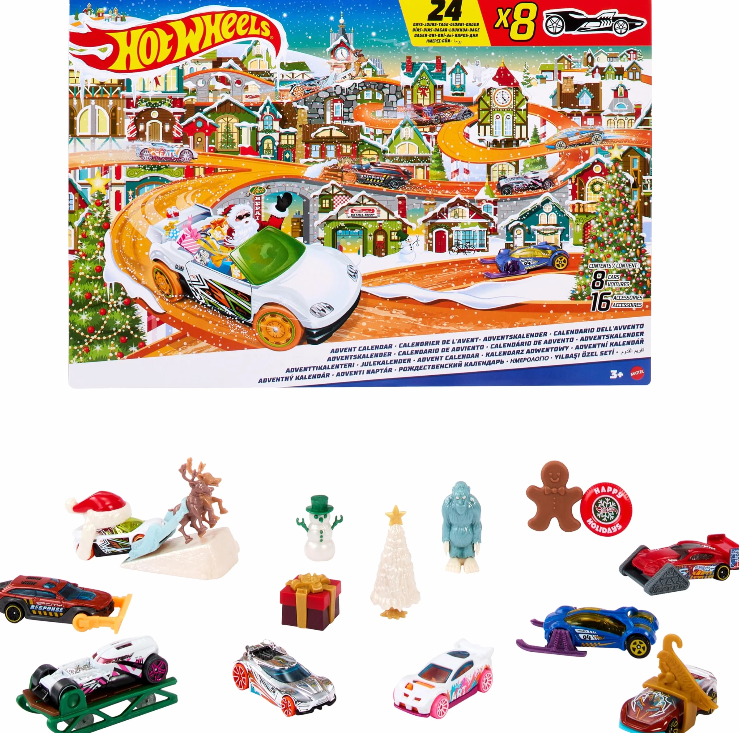 Hot Wheels Kalendarz adwentowy, 8 pojazdów Hot Wheels i 16 zimowych akcesoriów, 24 przegródki i mata do zabawy, dla dzieci i fanów Hot Wheels, HKL74