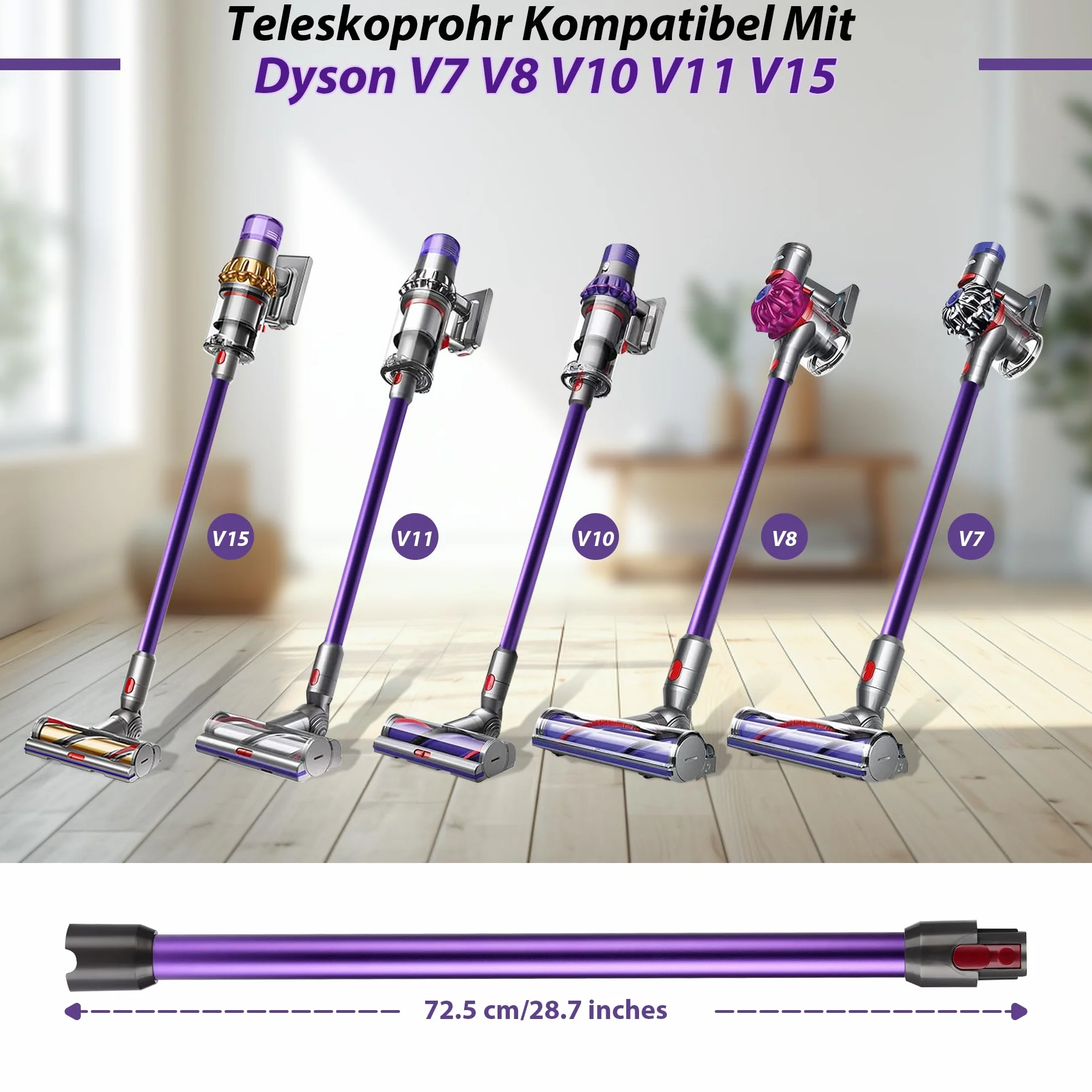 Rura teleskopowa do Dyson, przedłużka kompatybilna z Dyson V7 V8 V10 V11 V15, szybkozłączka ssąca z dwoma szczotkami 2 w 1, fioletowa