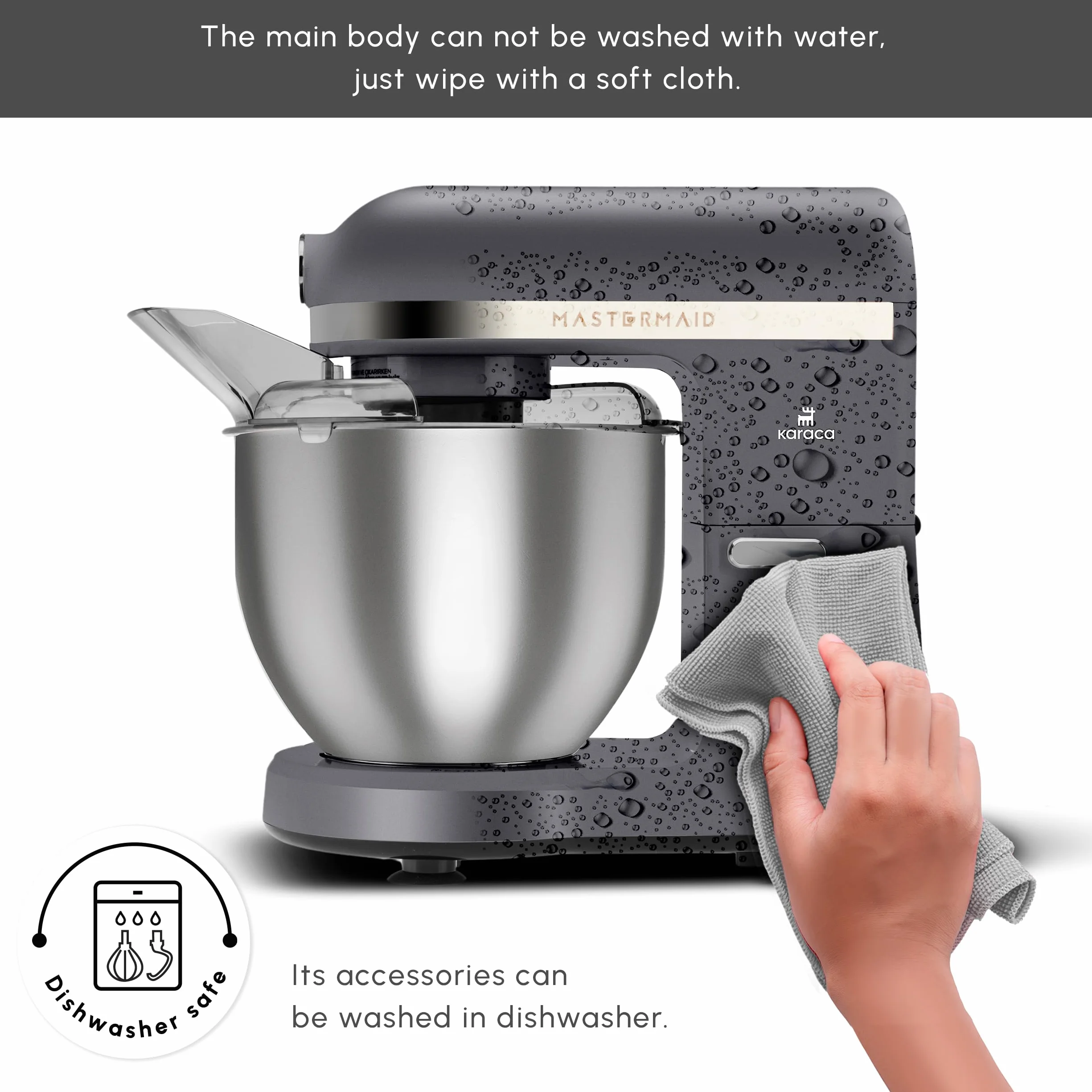 Karaca Mastermaid Chef Pro kuchenka dwuramieniowa, 1500 W, gwiezdna szarość, 1500 W, mikser 5 l, mikser kuchenny, regulacja prędkości, hak do ugniatania, ubijanie,