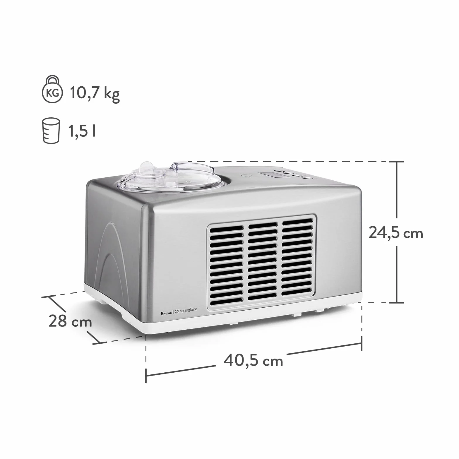 SPRINGLANE maszyna do lodów Emma 1,5 l z samochłodzącym kompresorem 150 W, maszyna do lodów ze stali nierdzewnej z wyjmowanym pojemnikiem na lód, w zestawie zeszyt z przepisami