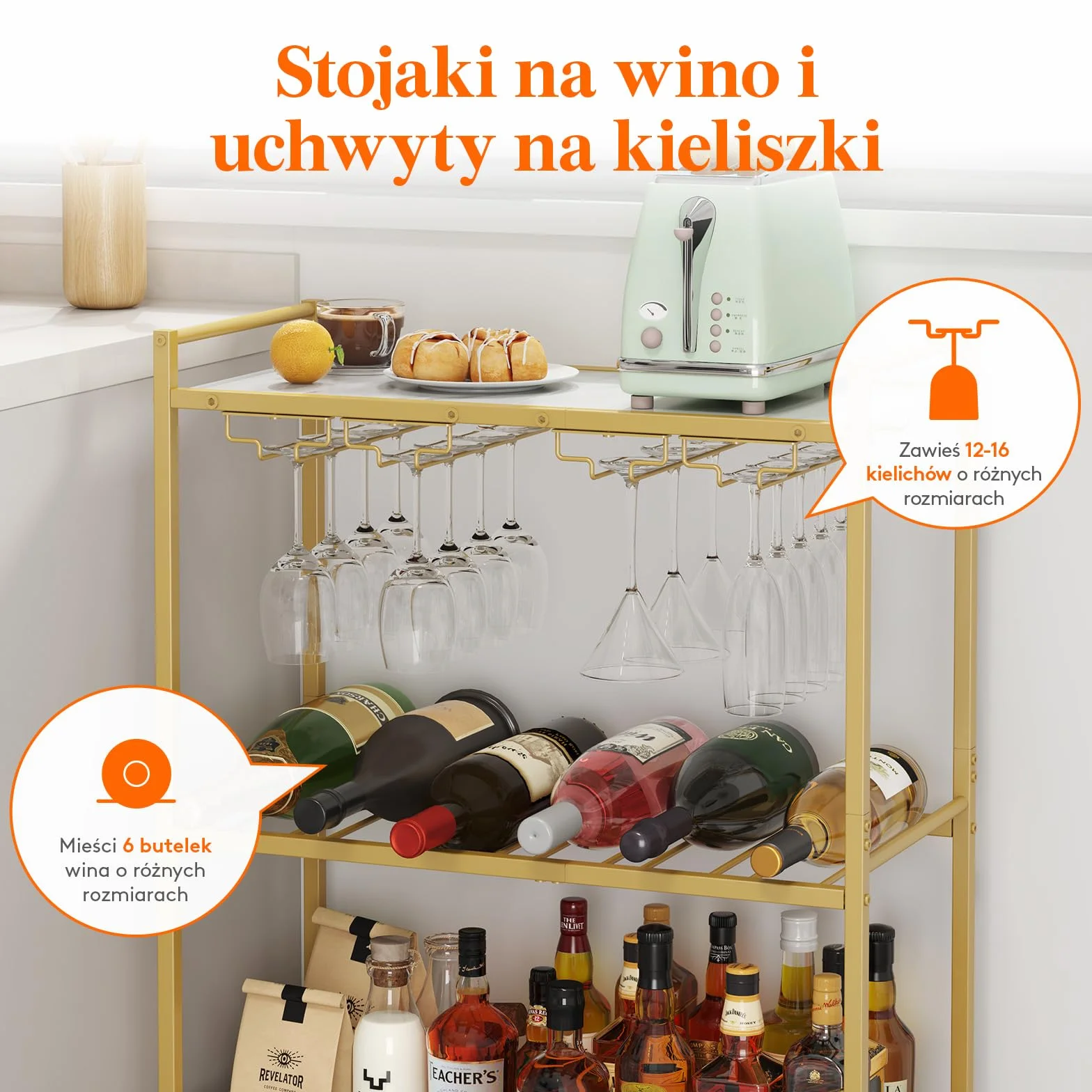 Wózek na napoje Lifewit, 3-poziomowy wózek barowy z blokowanymi kółkami, stojakiem na wino i uchwytami na kieliszki, domowe wózki barowe i serwujące do kuchni, jadalni, 63,2x30x81,5 cm, złoto