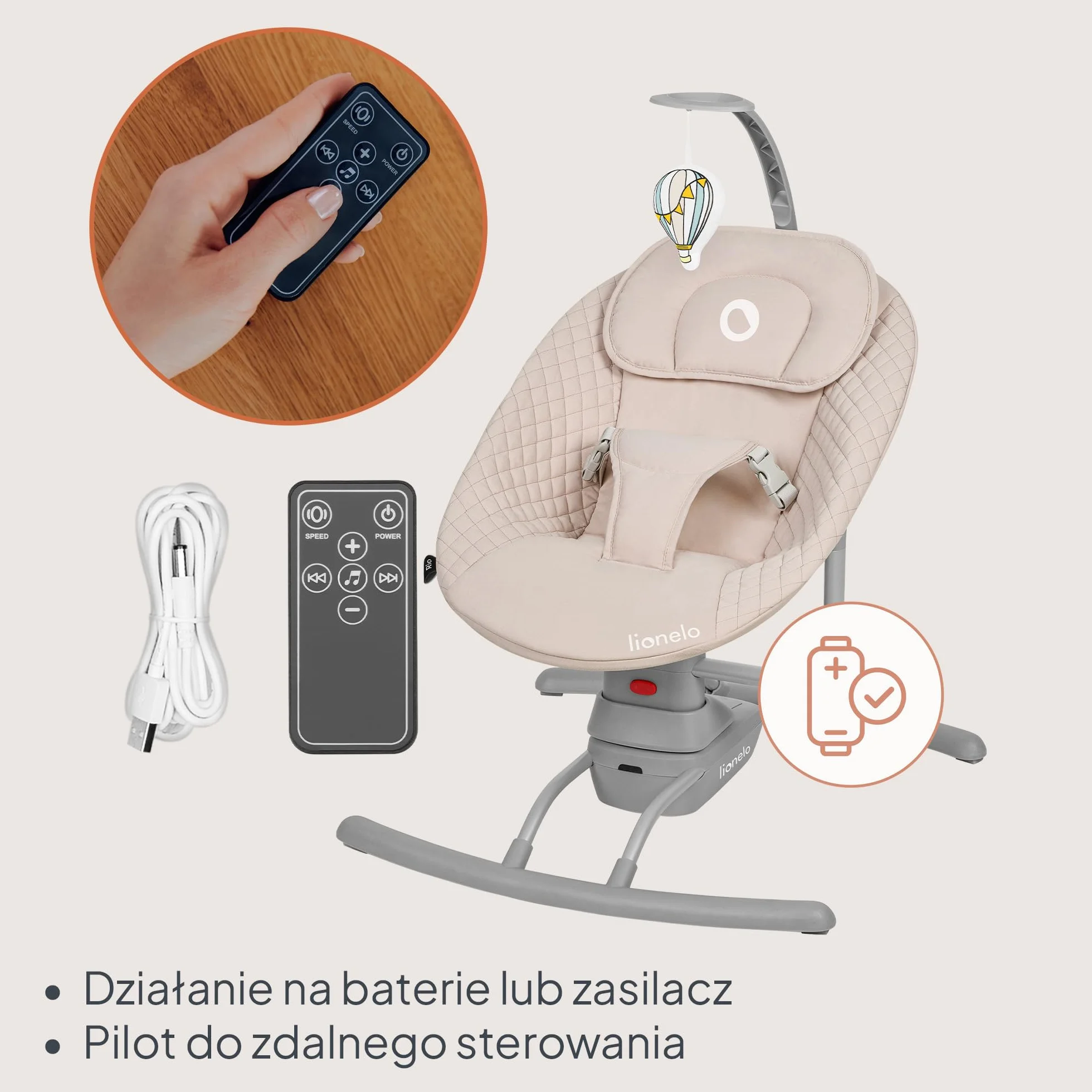 LIONELO RIO Elektryczny Bujaczek dla Niemowląt do 9 kg Regulacja Oparcia, 3 Prędkości Bujania, Poduszka Pasy Bezpieczeństwa Melodie i Dźwięki Natury Pałąk z Zabawką Lekki 3,5 kg