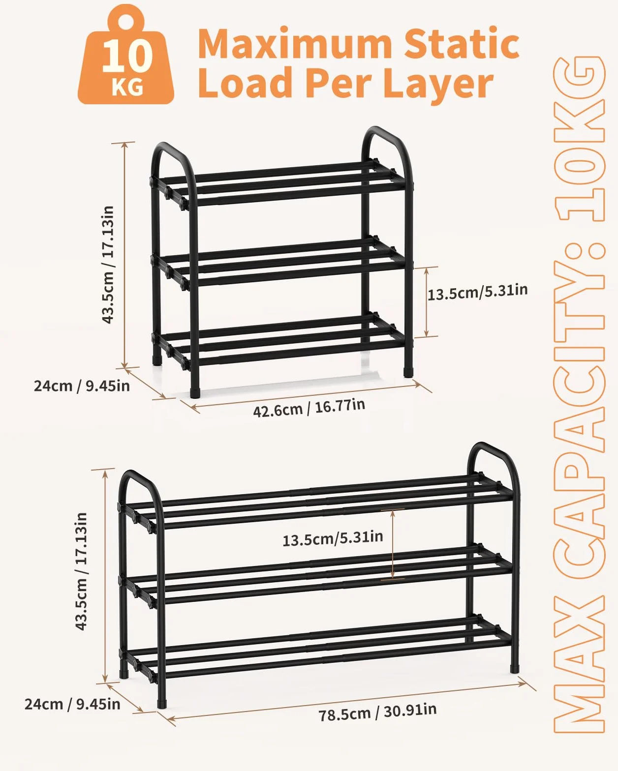 Regał na Buty 3-poziomowy – Wysuwany Metalowy Stojak na Buty, Otwarta Szafka na 6–12 Par z Półkami, Oszczędzający Miejsce – 24 x 78 x 43.5 cm – do Przedpokoju, Salonu, Sypialni, Szafy – Czarny