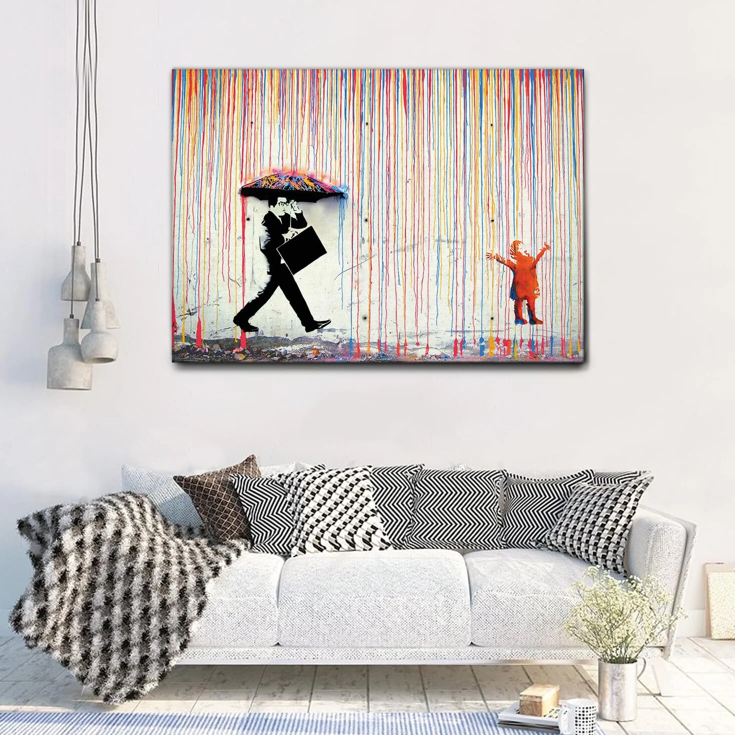 Giallobus - Obraz - Banksy - Deszcz kolorów - Standaard frame canvas - 140L x 100l cm - Gotowe do powieszenia - Nowoczesne obrazy do domu