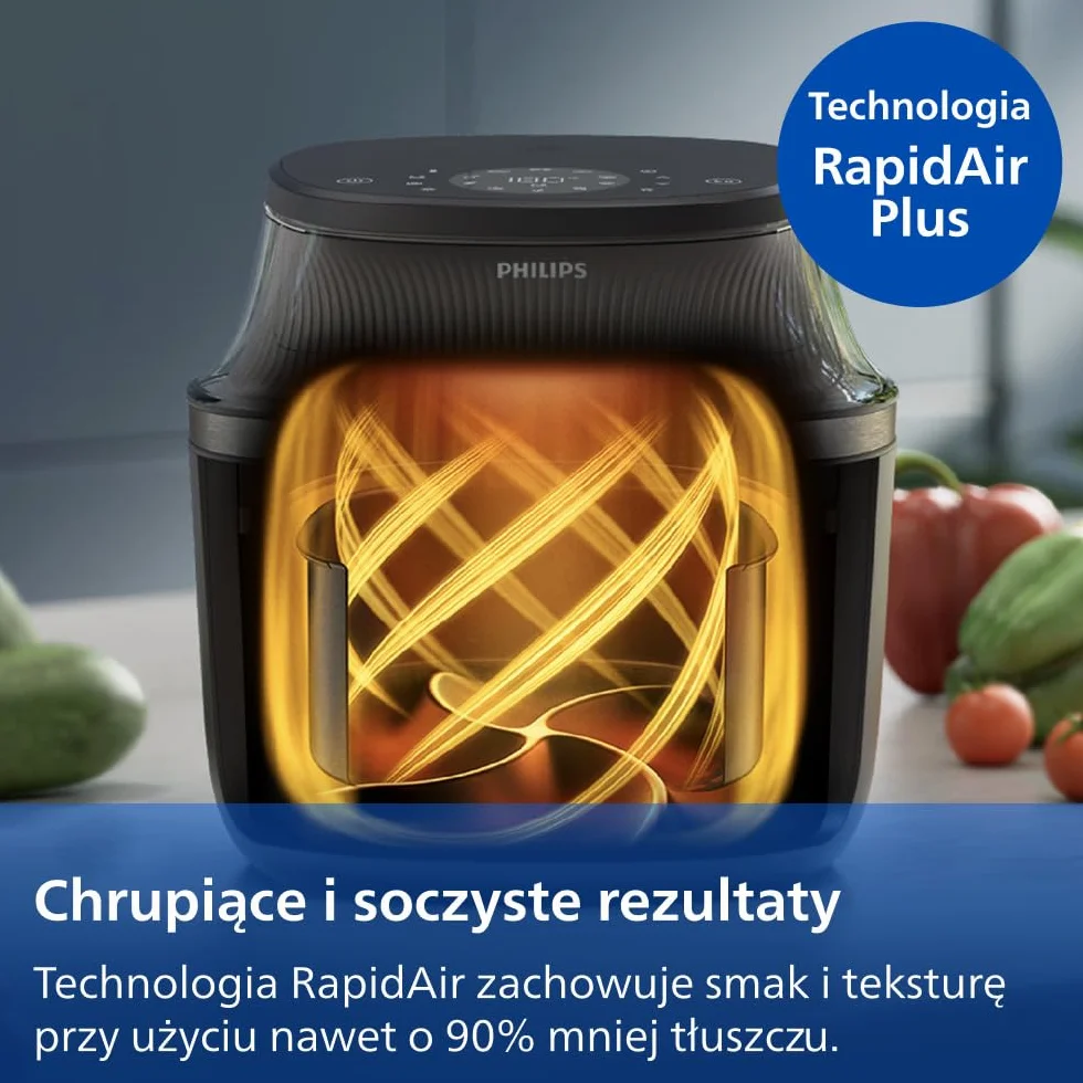 Philips Ovi Seria 3000 – Premium Airfryer, 6,2 l z okienkiem, technologia RapidAir Plus, 16 sposobów gotowania, o 90% mniej tłuszczu, łatwe czyszczenie, ekran dotykowy, oszczędność energii (NA330/00)
