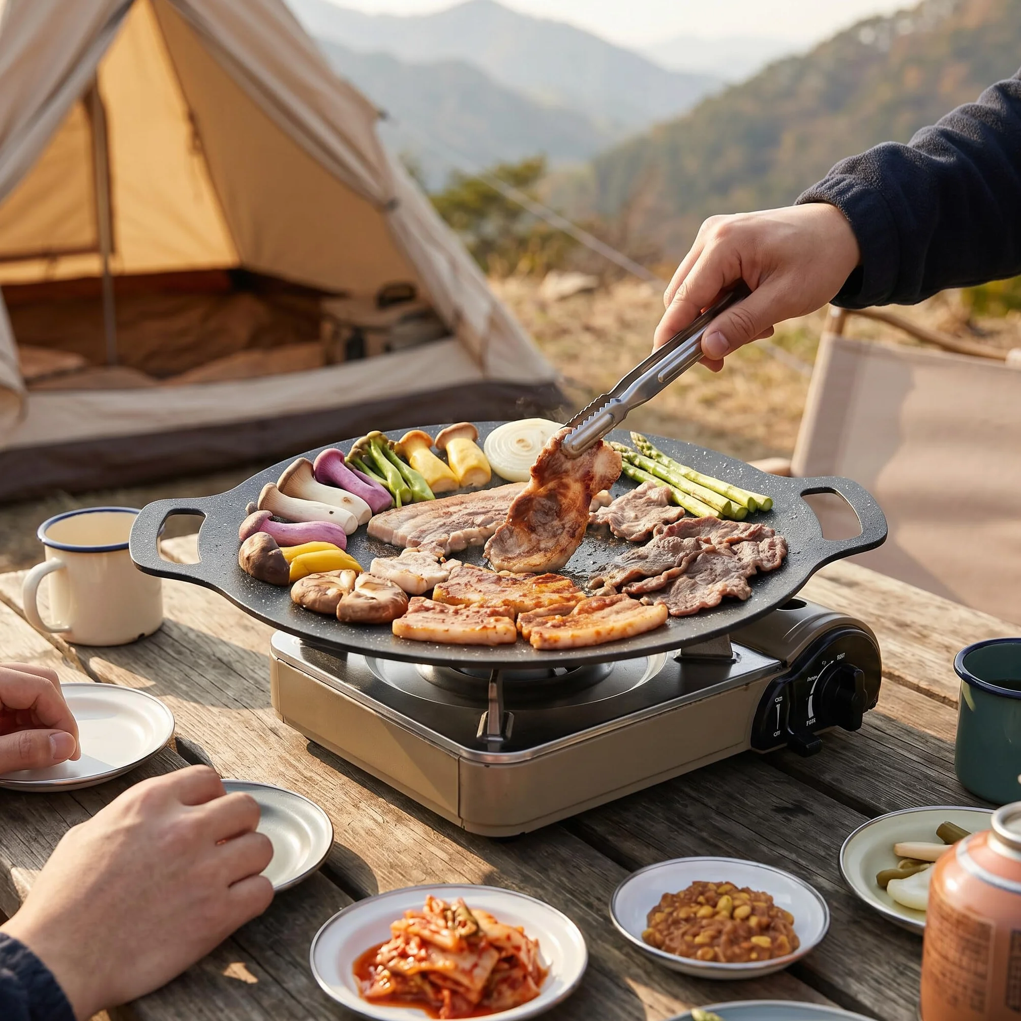 Koreańska Patelnia Grillowa, Płyta Nieprzywierająca z Kamienia Mafanowego do Grillowania na świeżym Powietrzu, Idealna na Kemping i Spotkania Rodzinne 32 Cm (38cm)