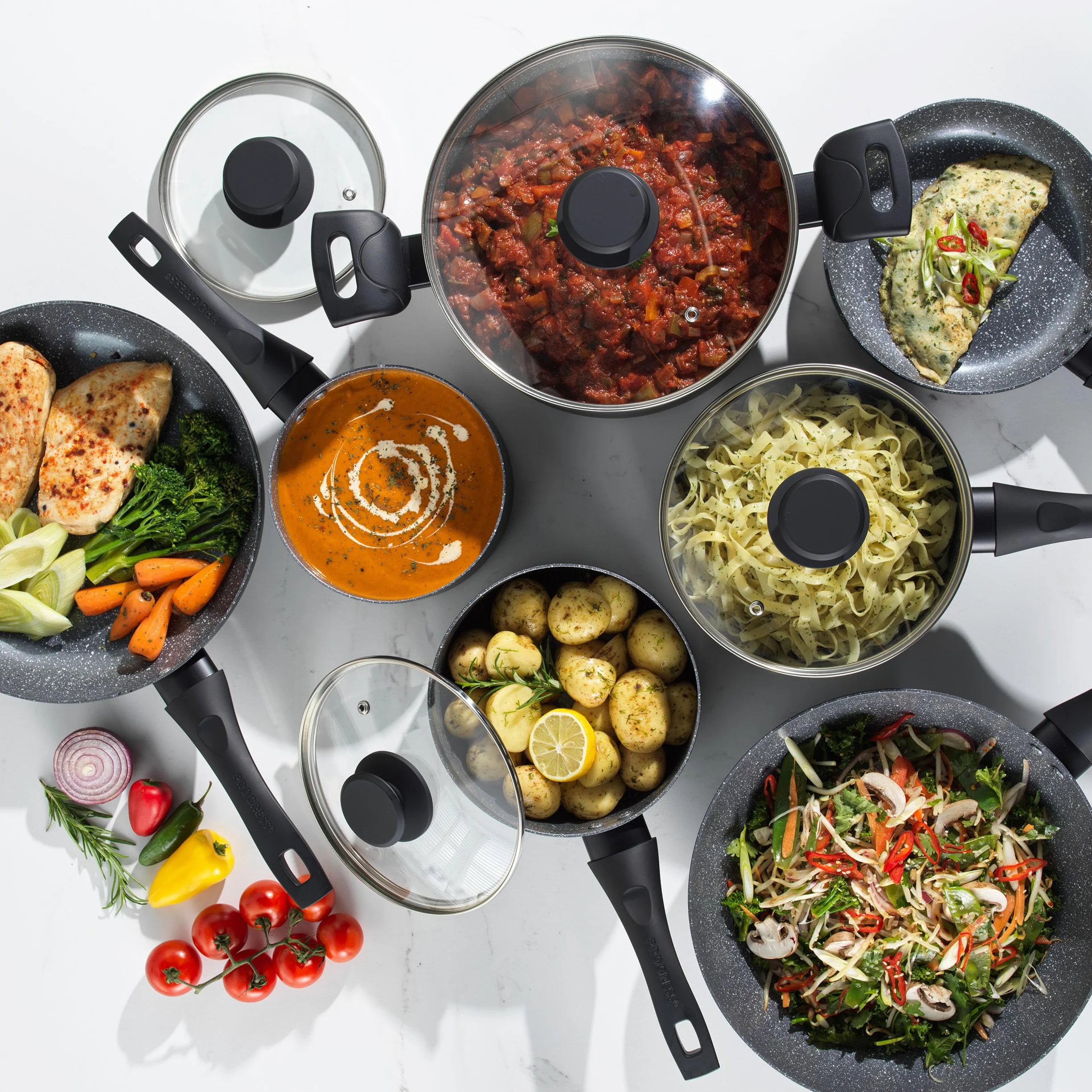 Progress BW12920EU7 Marmurowy ceramiczny 24 cm Stockpot z pokrywka– nieprzywierajacy garnek z metalicznym marmurem ceramicznym, odpowiednia indukcja, lekkie prasowane aluminiowe naczynia kuchenne