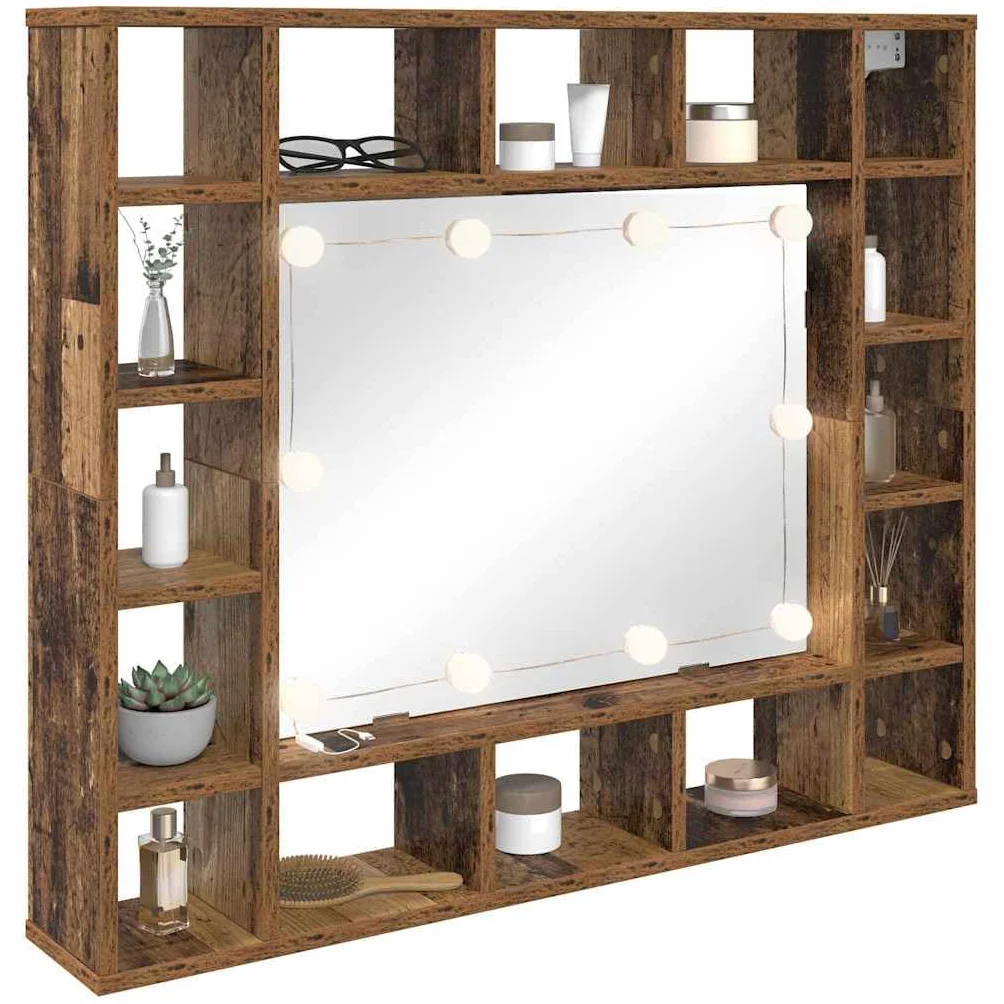 Szafka z lustrem stare drewno, 91 x 15 x 76,5 cm, materiał drewnopochodny ze zintegrowanym oświetleniem LED, miejsce do przechowywania, montowana na ścianie, do łazienki, korytarza, nowoczesne