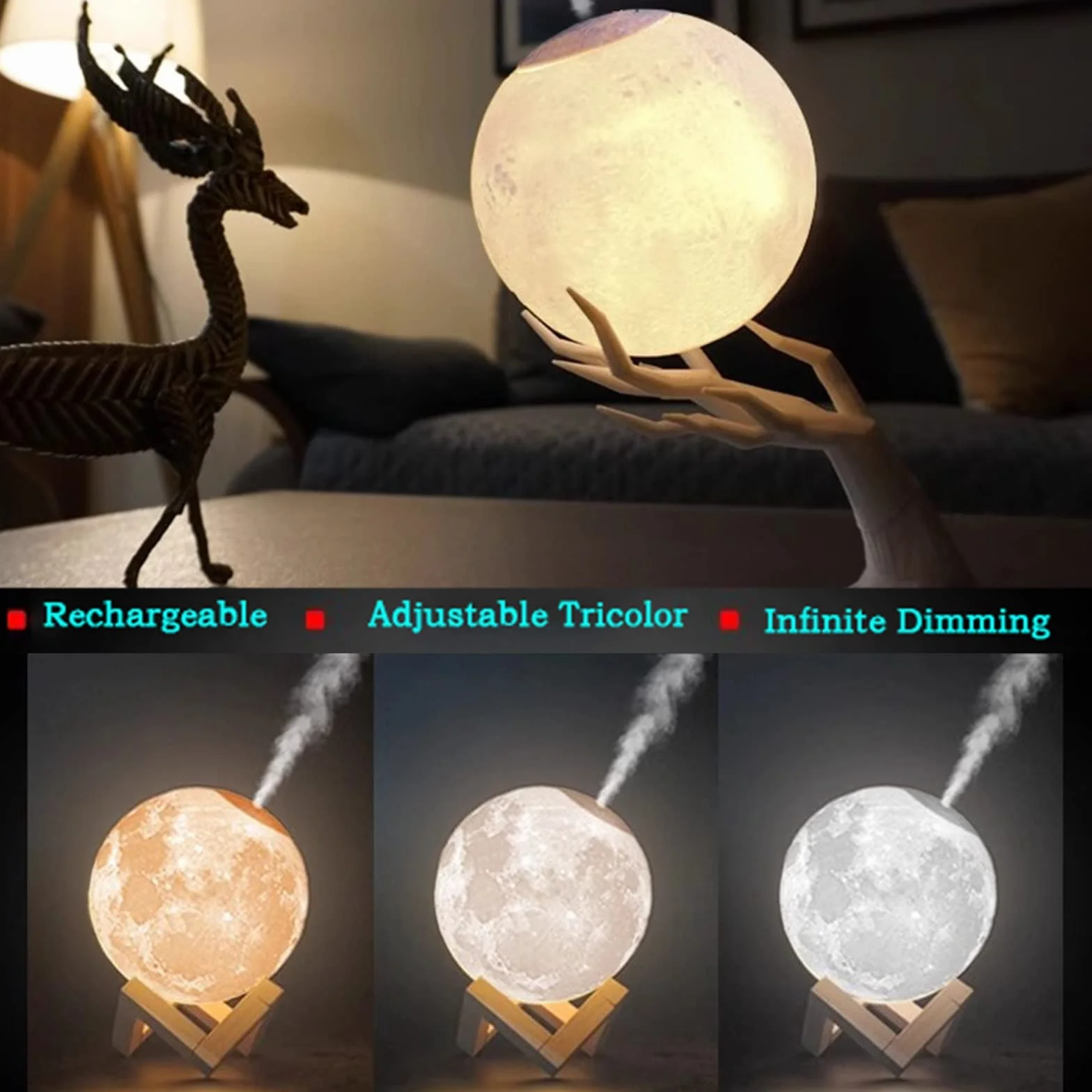 nawilżacze ciepła mgła Nawilżacz powietrza 880ML Ultradźwiękowy dyfuzor olejku eterycznego USB 3D Stereoskopowy Moon Night Lamp Mist Maker Humidificador nawilżacze powietrza do sypialni