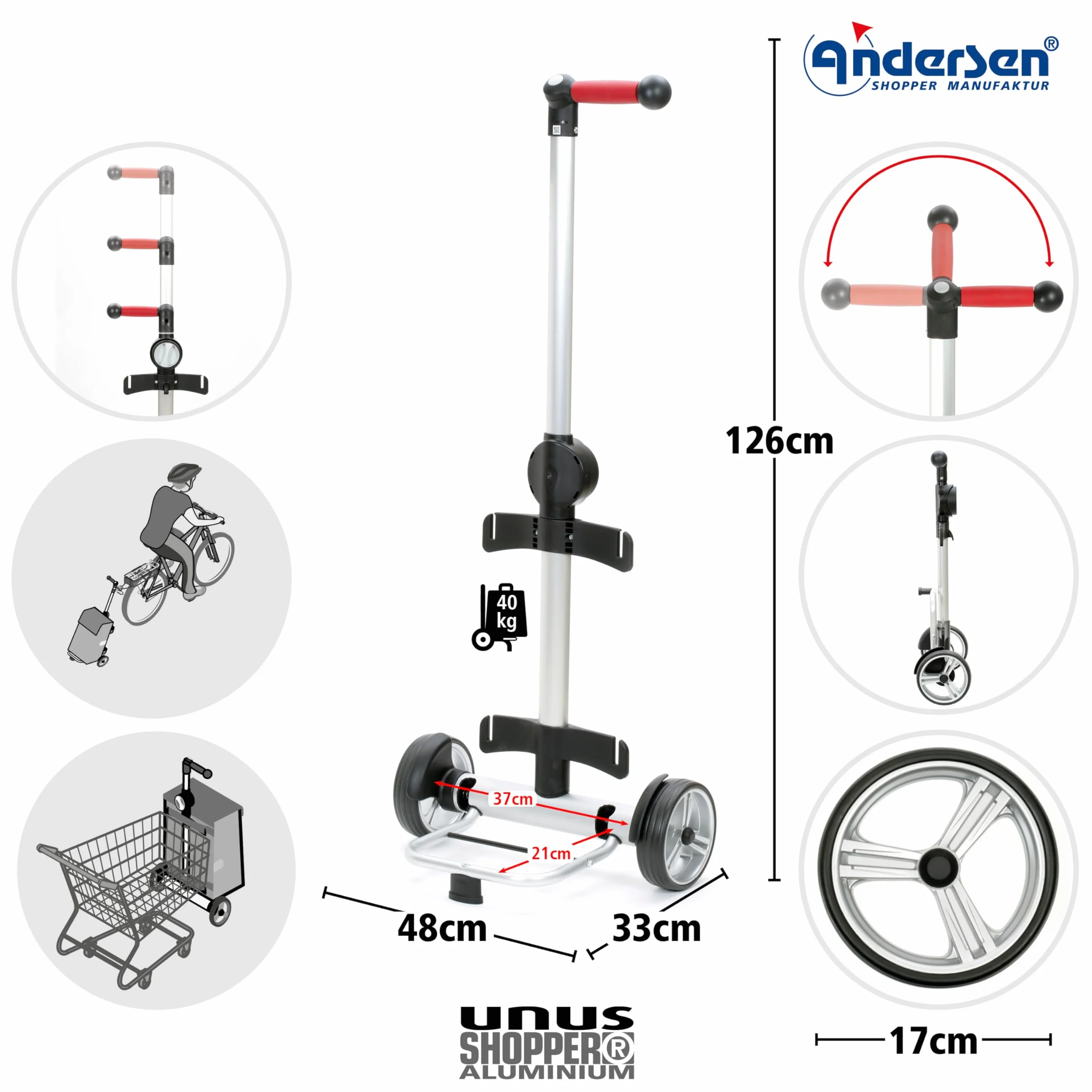 ANDERSEN Wózek na zakupy – Shopper Eske czerwony wózek ręczny 47 l, nowoczesny, zrównoważony, na zakupy, aluminium, ergonomiczny uchwyt, z regulacją wysokości, koło łożyska kulkowego