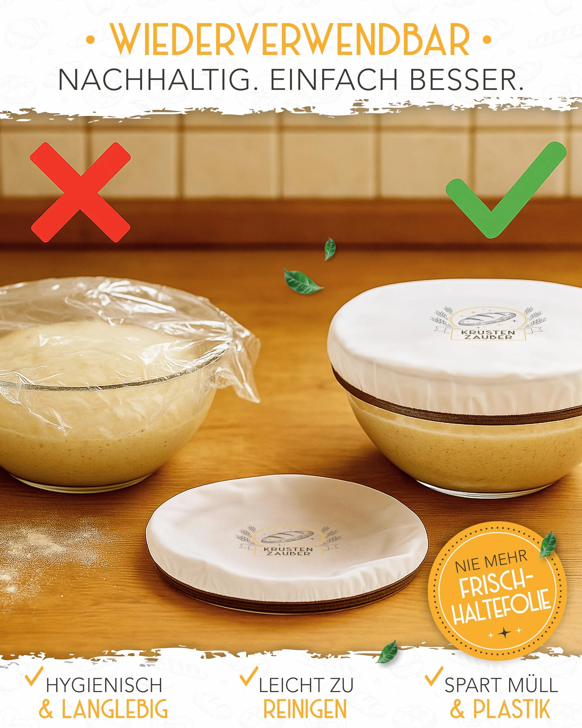 KRUSTENZAUBER 4 x pokrowiec na kosze do garowania – folia fermentacyjna wielokrotnego użytku jako akcesoria do pieczenia chleba – kosze fermentacyjne stwarzają idealne warunki do fermentacji ciasta
