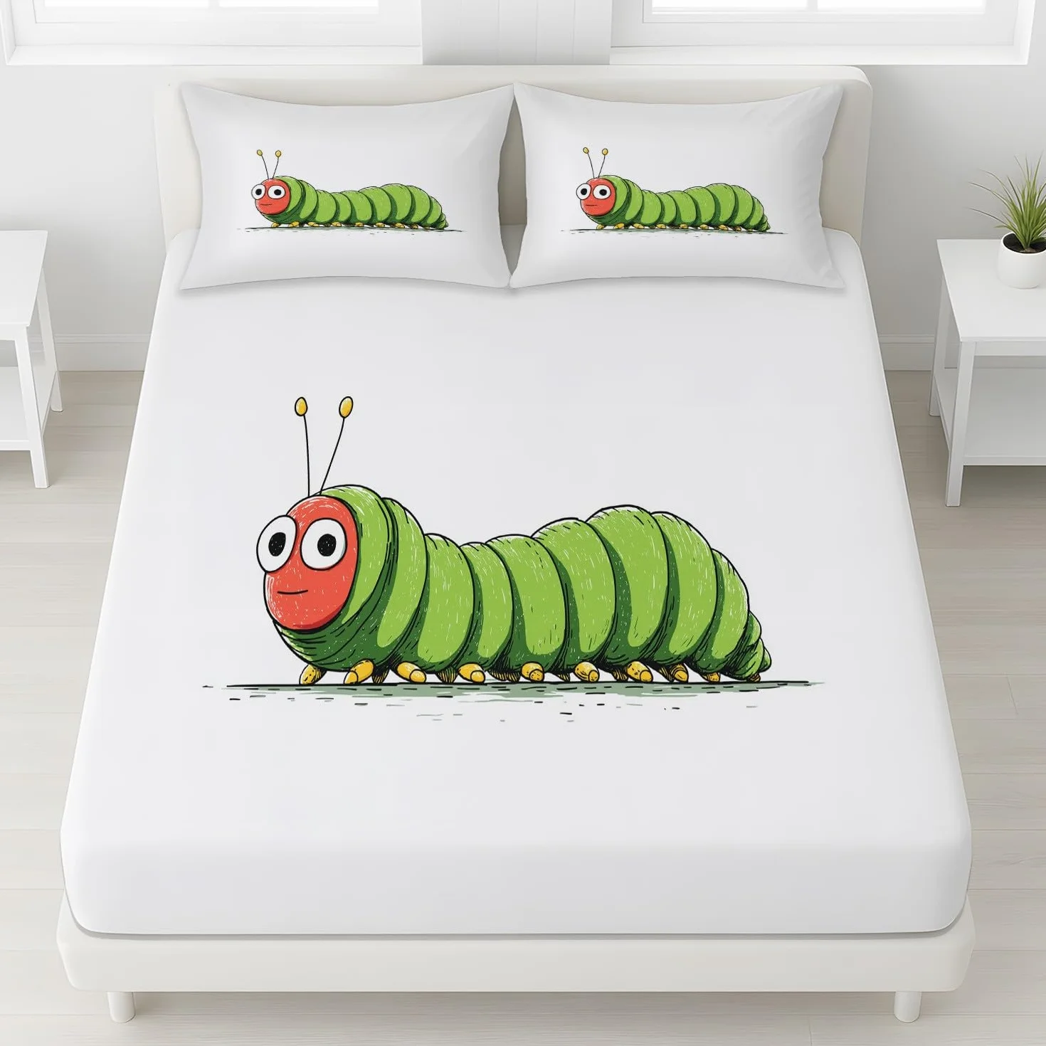 Cartoon Minimalistyczne prześcieradło z gumką 160 x 200, motyw owadów, wesoły nadruk dla dorosłych, gąsienica 160 x 200 cm, na materac do 30 cm wysokości, z 2 poszewkami na poduszkę