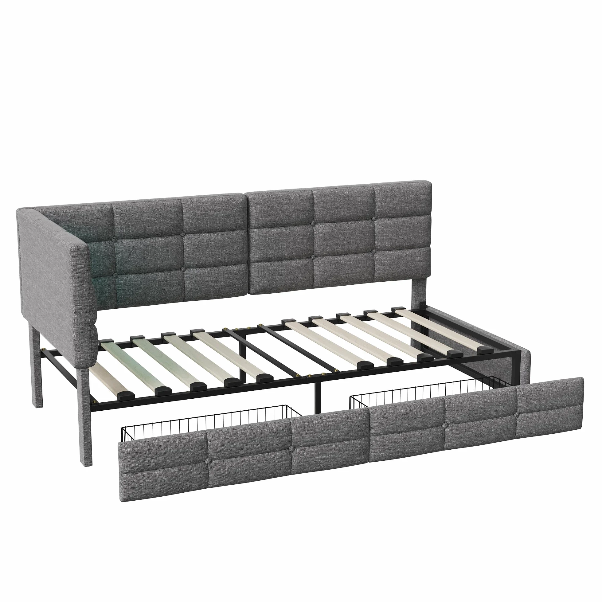 Łóżko 90 x 200 cm, z miejscem do przechowywania, tapicerowane, młodzieżowe, 90 x 200 cm, z diodami LED i USB, sofa z szufladami, pojedyncze łóżko dzienne ze stelażem, łóżko narożne, len, szare