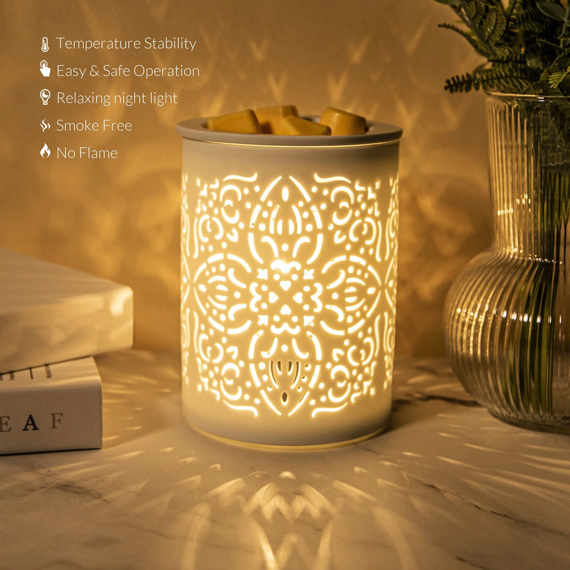 Earnest Living Elektryczny palnik do topienia wosku, do olejków eterycznych, topi wosk, kostki woskowe, domowe, zapachowe, topiące się wosk, palnik olejowy, ceramiczny, biały, do aromaterapii, prezent
