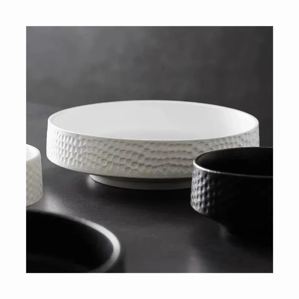 Talerze obiadowe, Kreatywna kuta ceramiczna miska z głębokim naczyniem - biały czarny okrągły talerz na sałatkę owocową sushi Zestaw obiadowy(White,20cm)