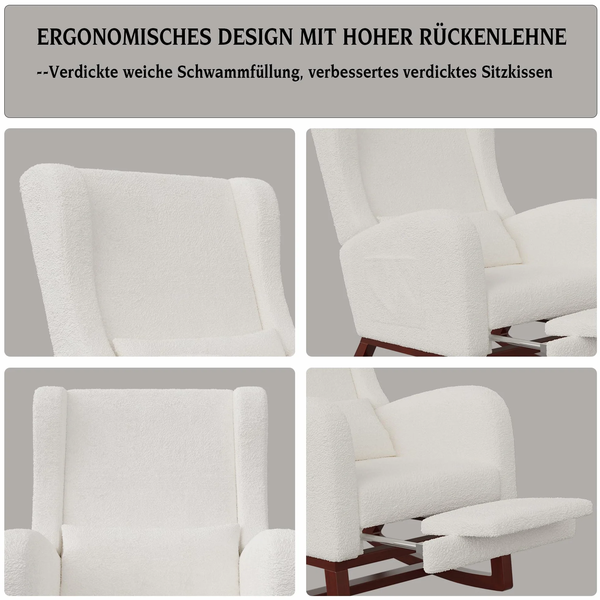 Accent fotel bujany z podstawą z litego drewna, nowoczesny, wygodny fotel tapicerowany z poduszką pod plecy i zwiewnym podnóżkiem, sofa, bujany z boczną kieszenią, do domu (Sherpa Boucle,