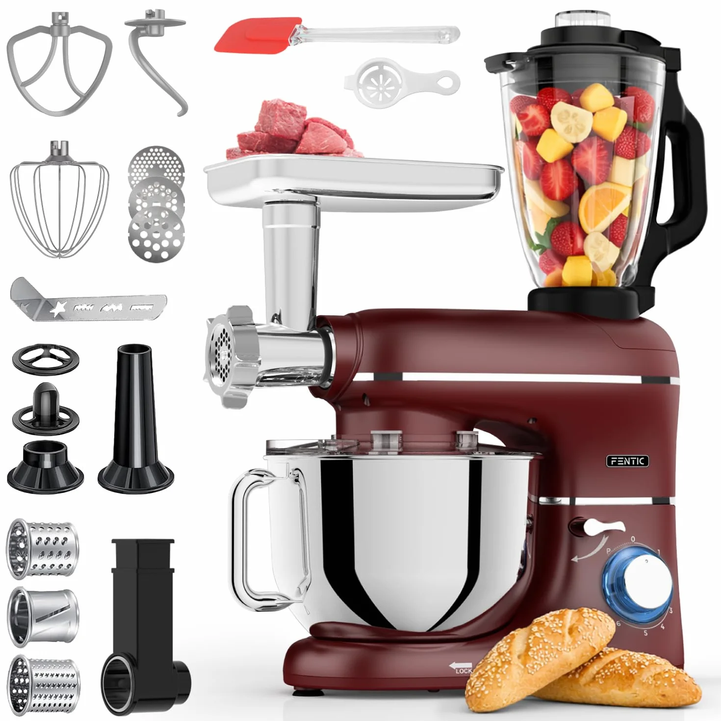 Robot kuchenny 2000 W, robot kuchenny, procesor żywności, miska do mieszania 6,2 l, w zestawie maszynka do mielenia mięsa, blender i dodatkowe akcesoria (Czerwony)