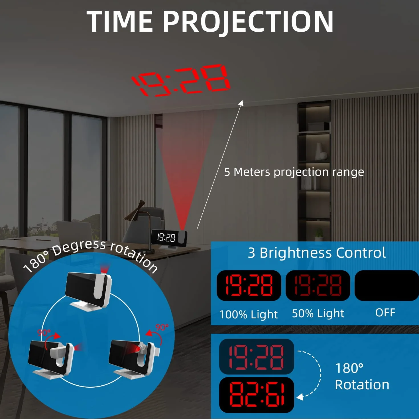 Budzik z projektorem na ścianę, podwójny alarm, LED, 12/24 h, 4 poziomy jasności, port USB, biały