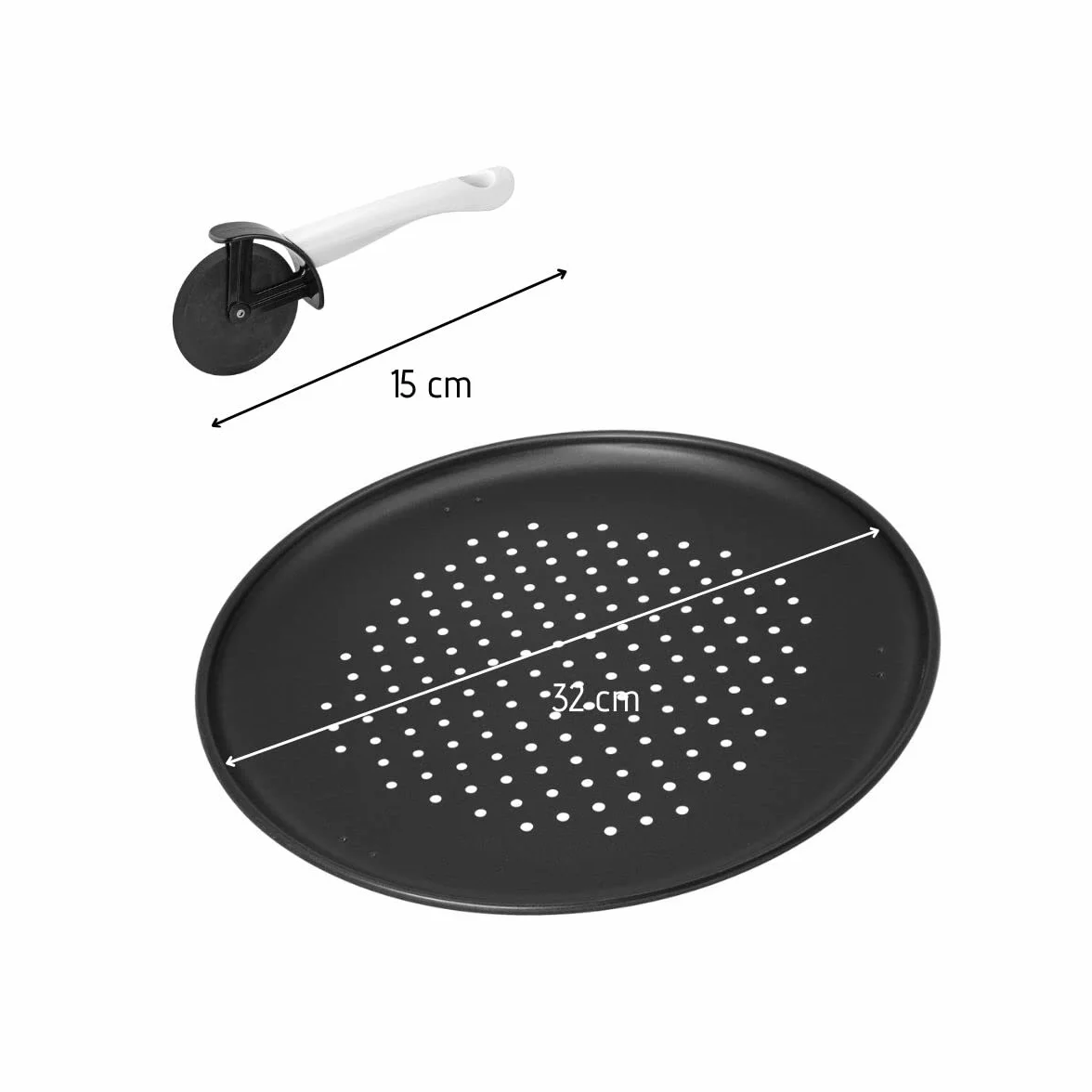 Zenker 7512 3-częściowy zestaw do pizzy, blacha do pizzy, okrągła blacha do pizzy, z otworami (Ø 32 cm), w zestawie nóż do pizzy i uchwyt, do pizzy, tarta, czarny