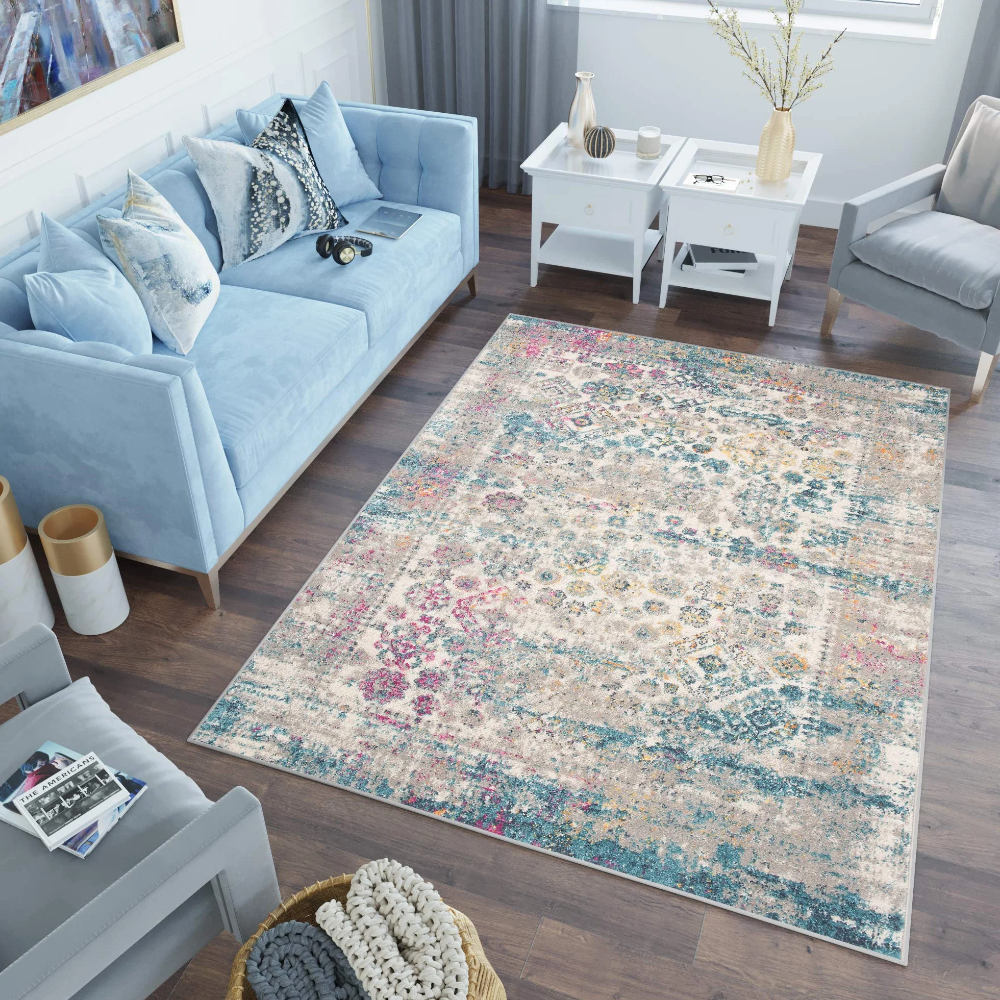 Tapiso Lazur dywan z krótkim włosiem, szary, niebieski, kremowy, pomarańczowy, różowy, klasyczny, wisiany, orientalny, do salonu, sypialni, Ökotex 240 x 330 cm