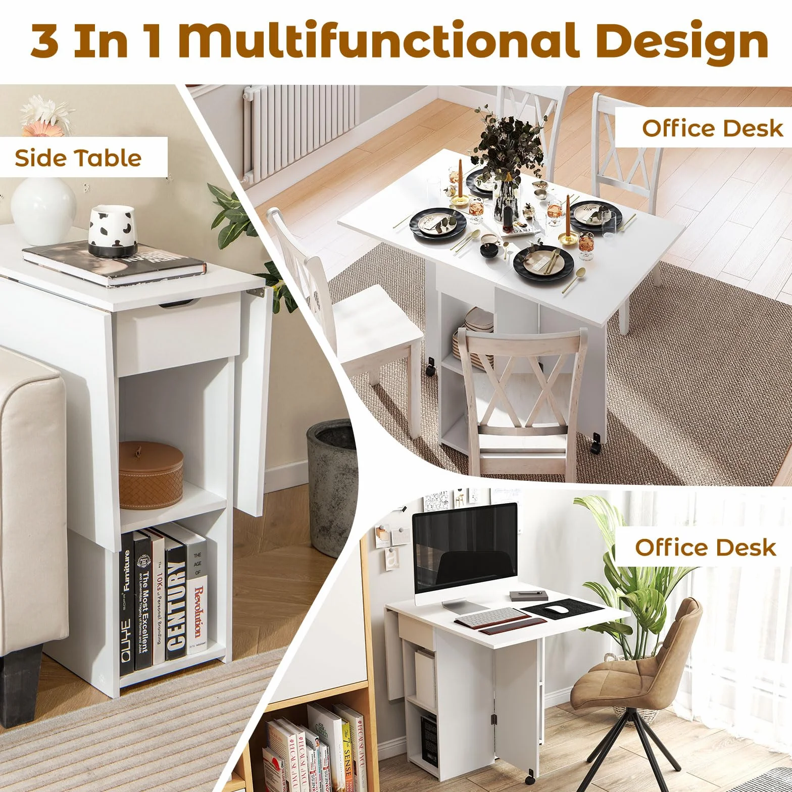GIANTEX Mobilny Stół Kuchenny Składany Drewniany z 2 Kółkami 1 Szufladą 2 Półkami