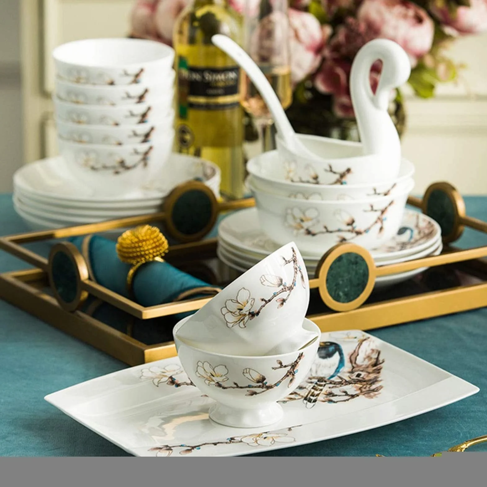 Zestaw naczyń z porcelany w stylu vintage z motywem kwiatowym, zestaw naczyń z porcelany Jingdezhen (dla 10 osób), zestaw talerzy z europejskiej porcelany kostnej, z,