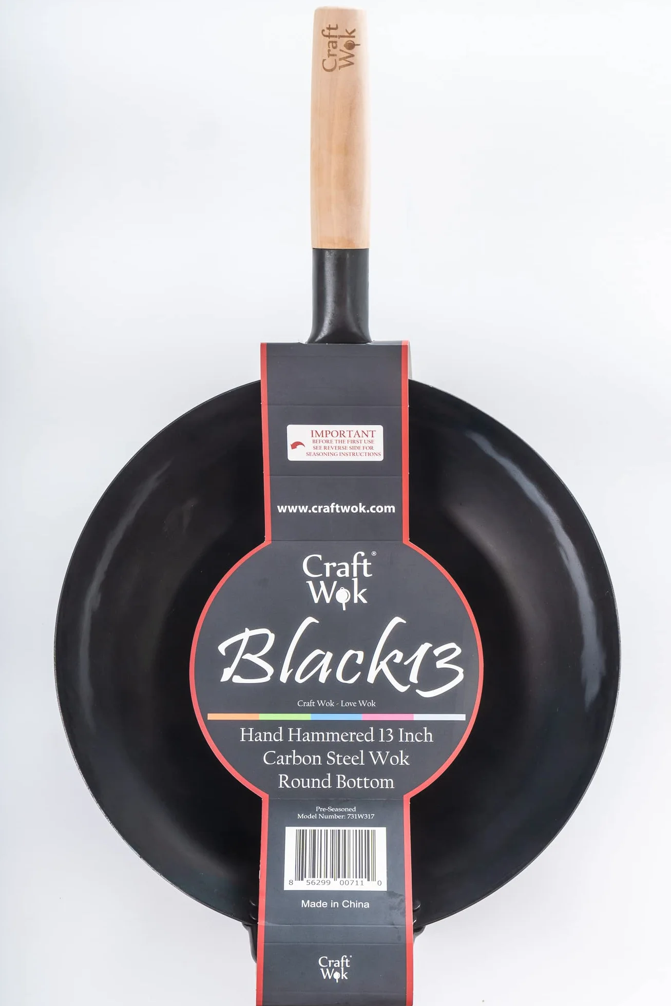 Craft Wok Black13 wstępnie sezonowany ręcznie młotkowany wok ze stali węglowej z drewnianym i stalowym uchwytem pomocniczym (33 cm, okrągłe dno)