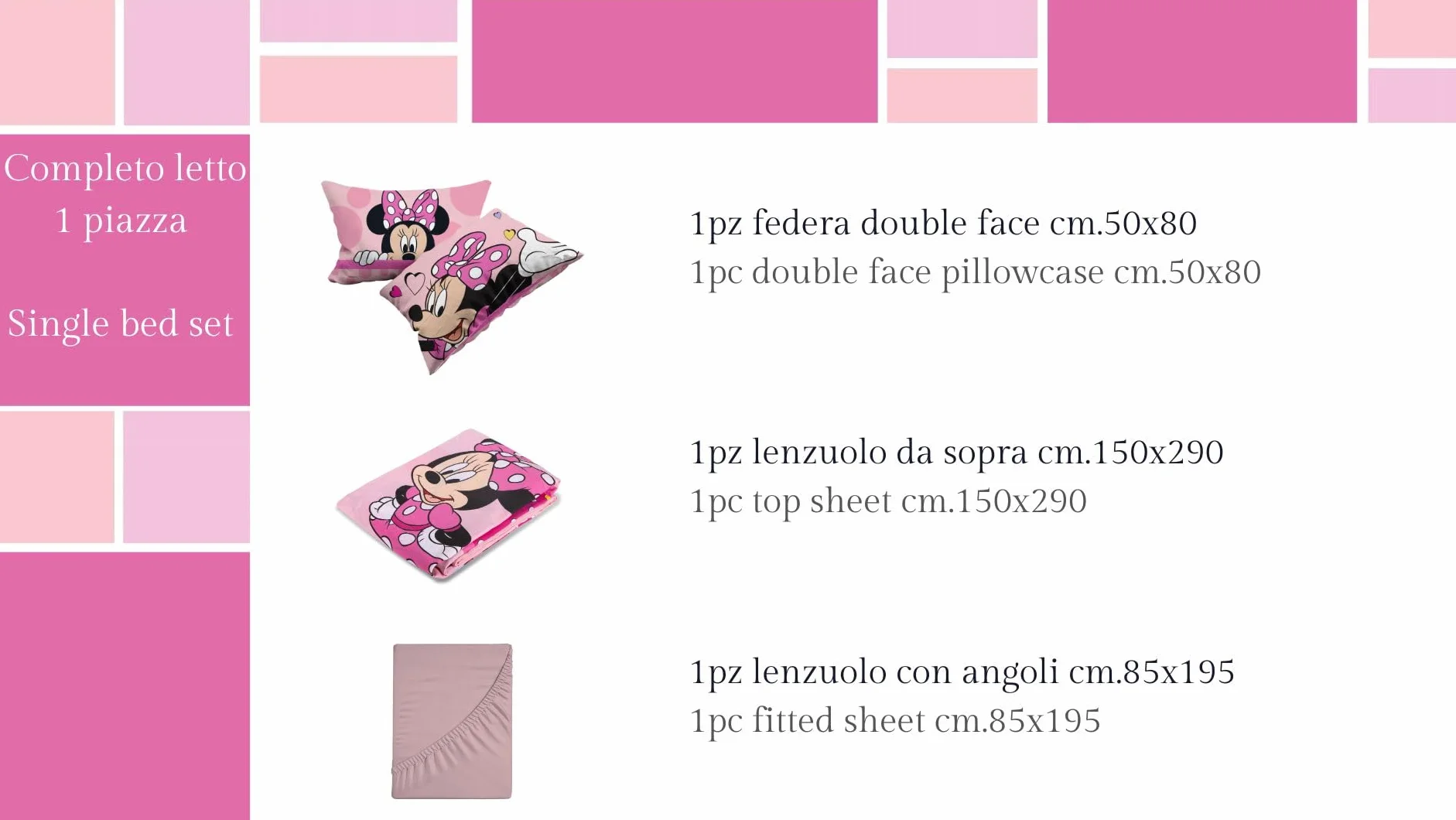 Minnie Mouse Zestaw pościeli na pojedyncze łóżko, komplet pościeli Disneya, prześcieradło wierzchnie, prześcieradło wierzchnie, prześcieradło z gumką, poszewka na poduszkę, różowy, Disney, 100%