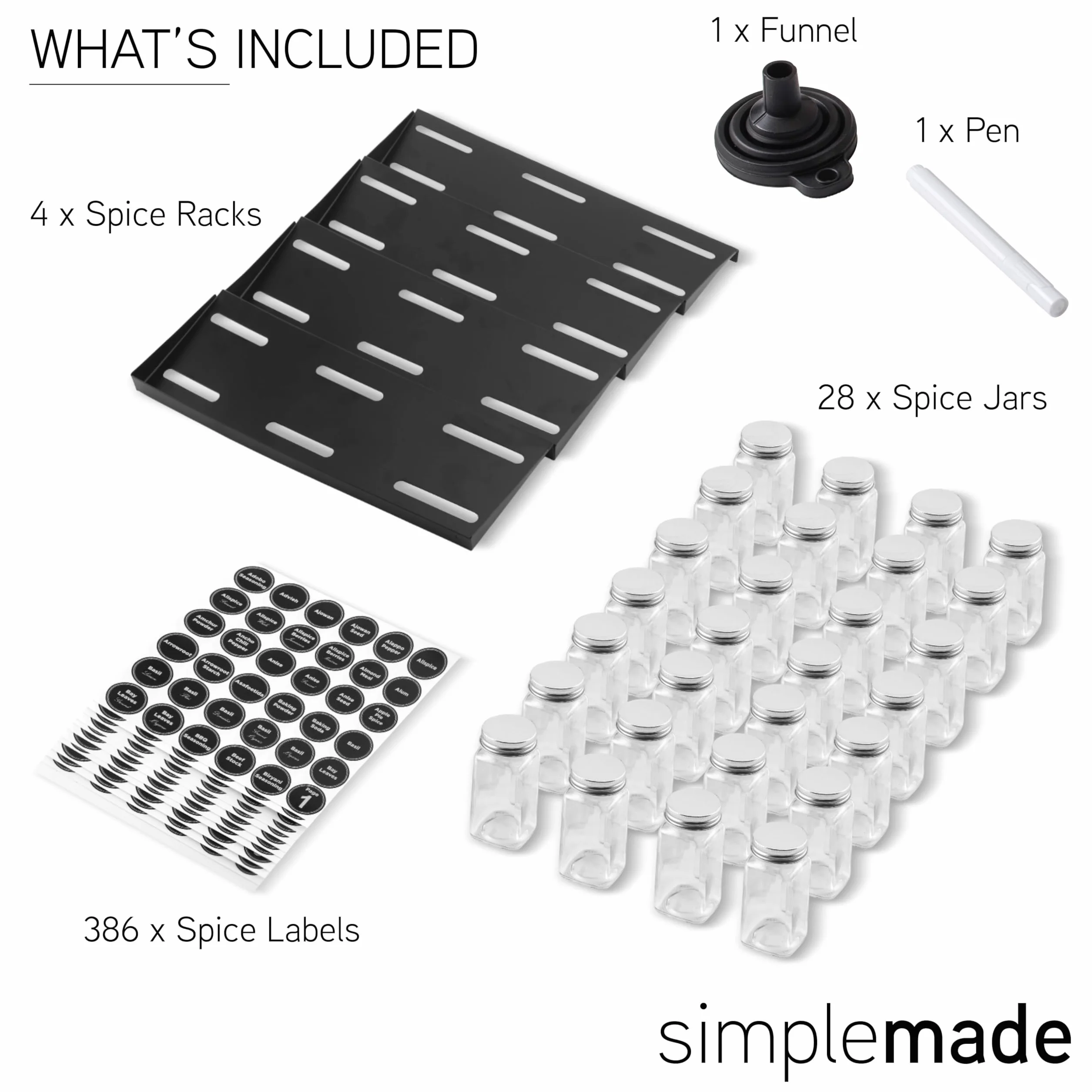 simplemade - Organizer do szuflad, stojak na przyprawy do kuchni, 4-poziomowy czarny organizer na przyprawy z 28 słoikami i etykietami z długopisem, silikonowy lejek, 33 cm na 44,5 cm