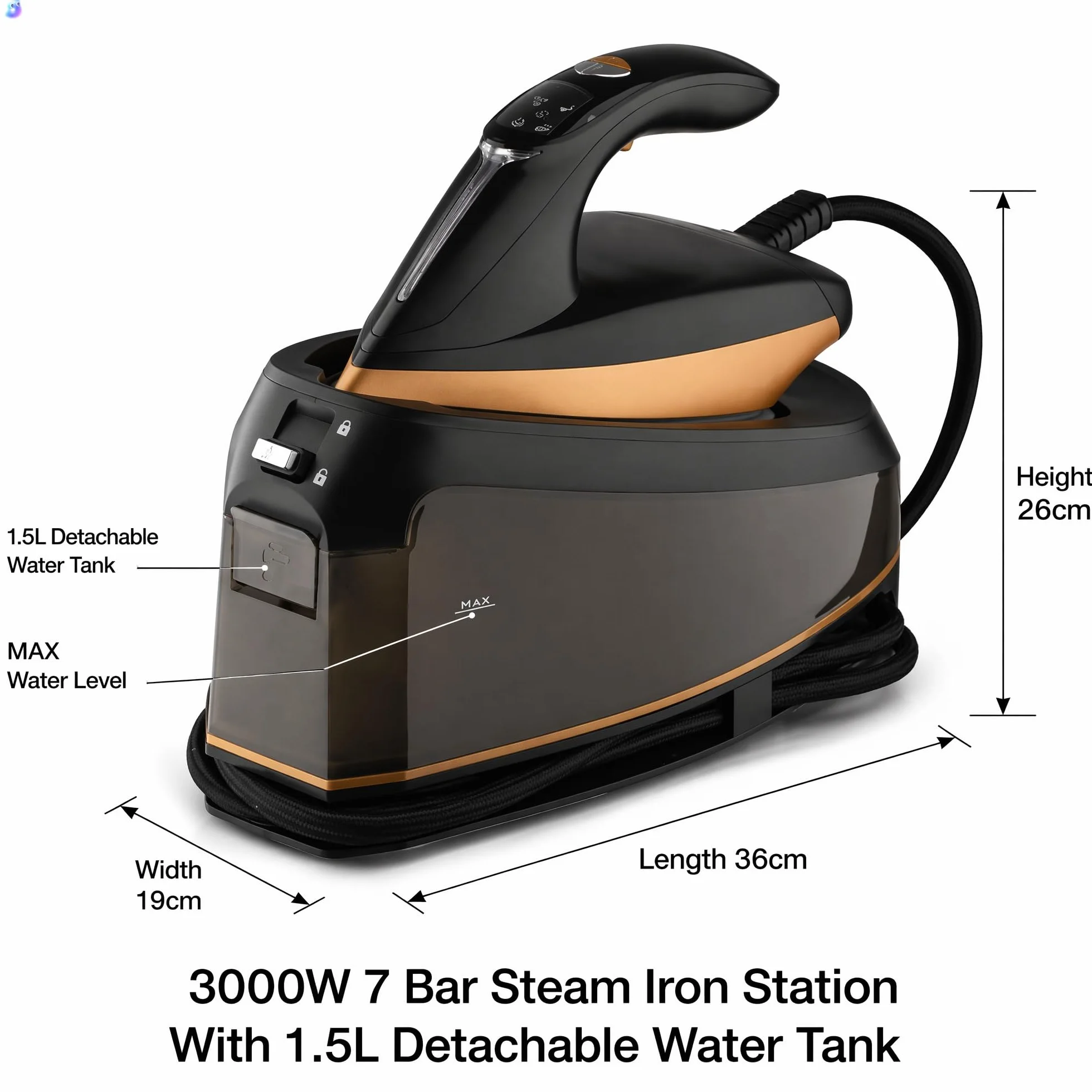 Żelazko parowe ciśnieniowe do użytku domowego, ręczne żelazko elektryczne o mocy 2600 W, 1500 ml, parownica do odzieży z wiszącą butelką(Black)