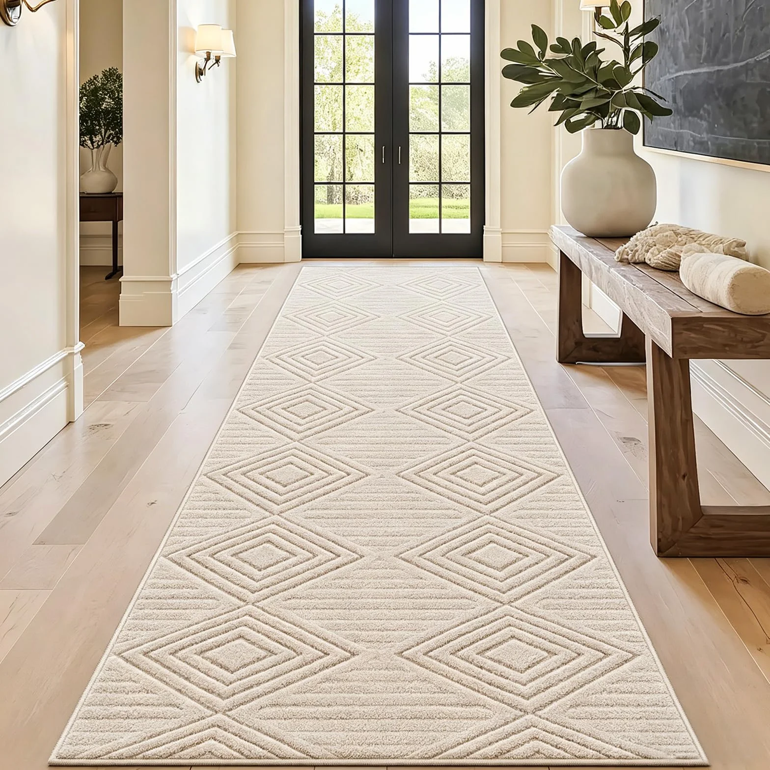 Capslpad Dywan Chodnik 80x300cm Beżowy Antypoślizgowy 3D Geometria Miękki