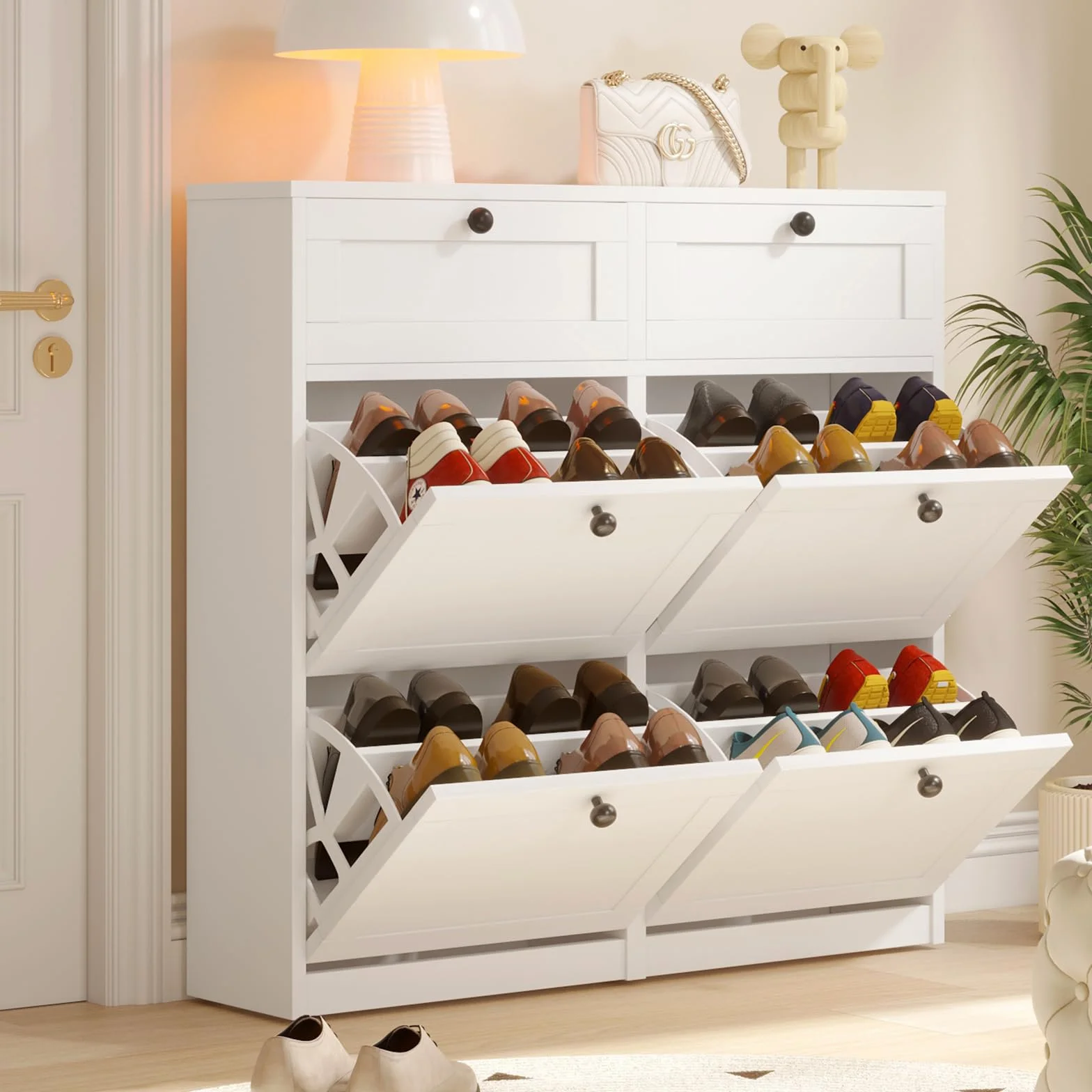 VOWNER Szafka na buty z 4 klapkami, wąska, uchylna, biała, półka na buty, regulowana, 105 x 24 x 100 cm, urządzenie zapobiegające przechylaniu, do przedpokoju, kolor biały