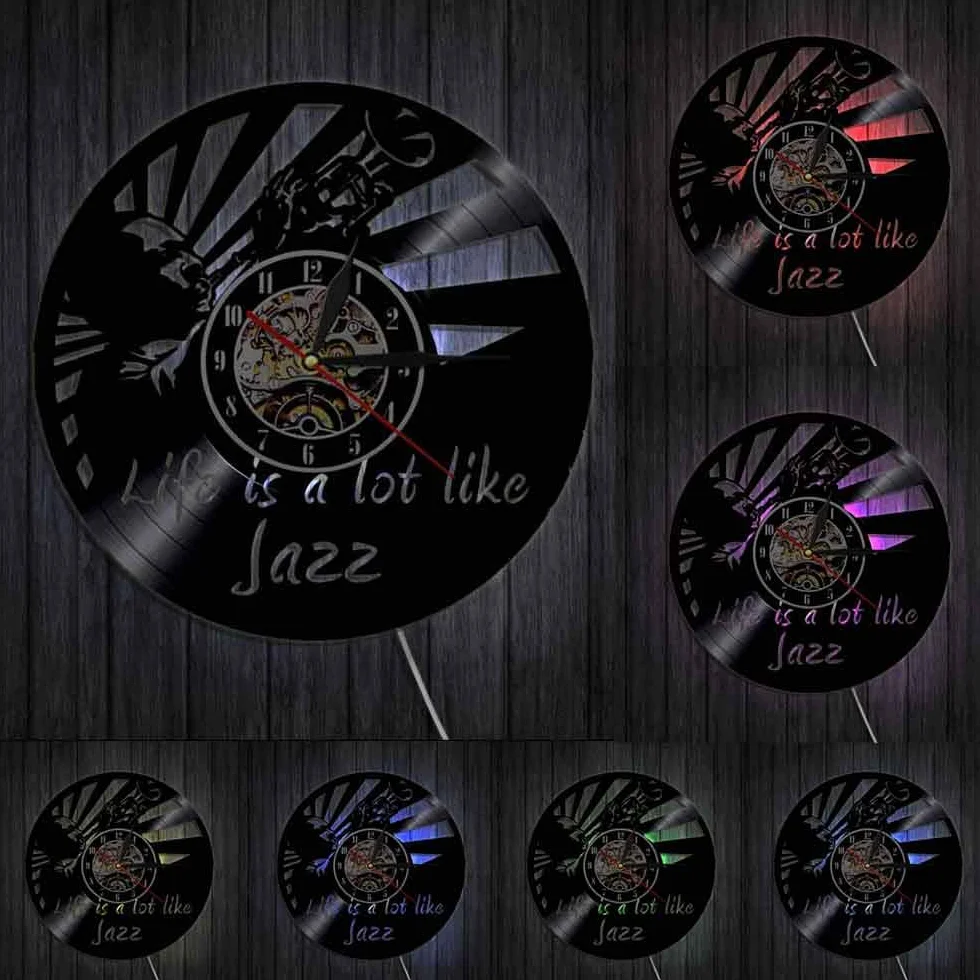 ELD Muzyka płyta winylowa zegar ścienny jazz dom sztuka dekoracyjna muzyka wycinana laserowo dekoracja ścienna wiszący zegarek cichy kwarcowy miłośnik muzyki prezent średnica 30 cm 7 zmienianych