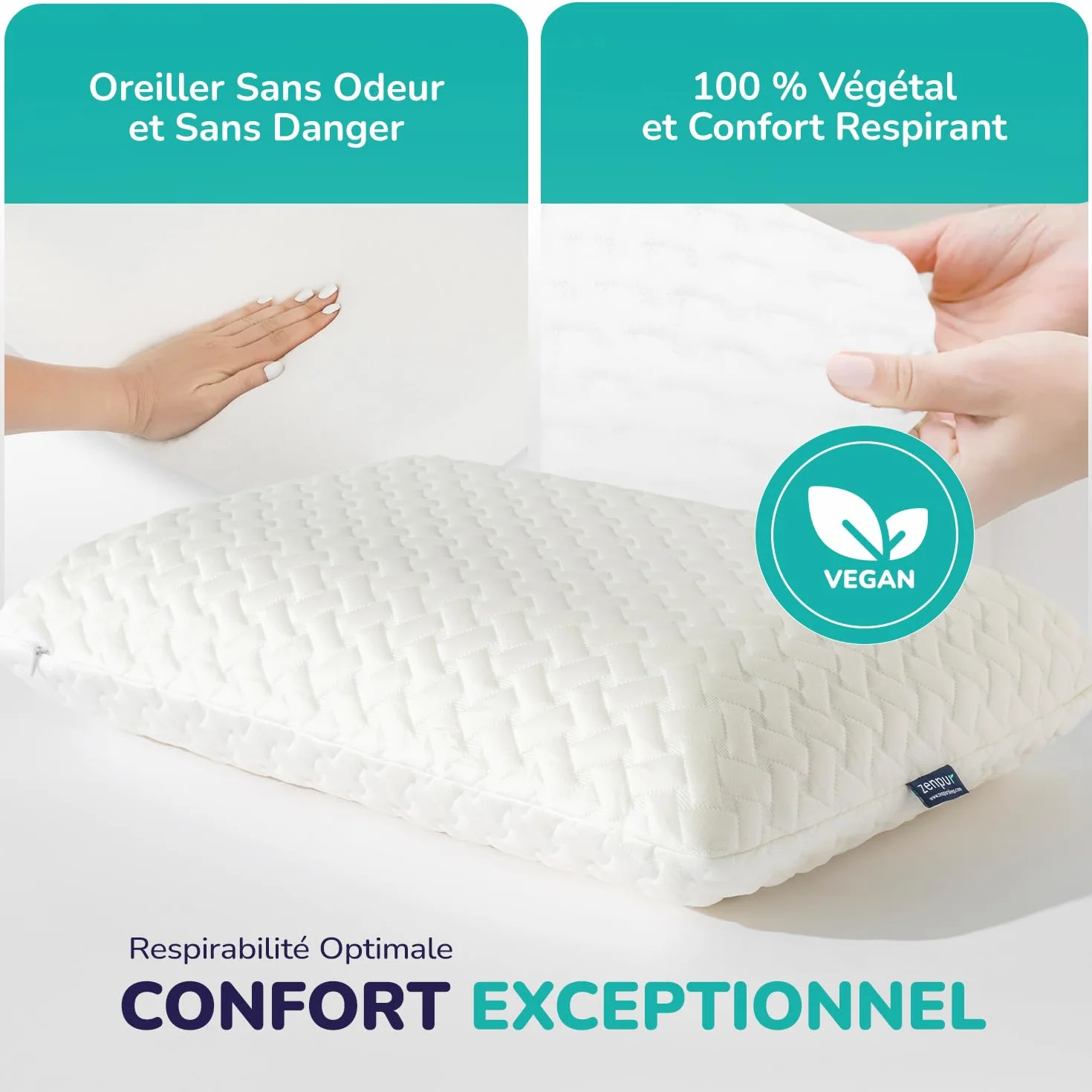 ZenPur Oreillers Ergonomique Cervical, Lot de 2 Coussins Mémoire Forme, Douleurs pour la Nuque, Anti Acarien & Ronflement, Housse Bambou, Fabriqué EU – Souple, Idéal pour Dormeurs Ventre