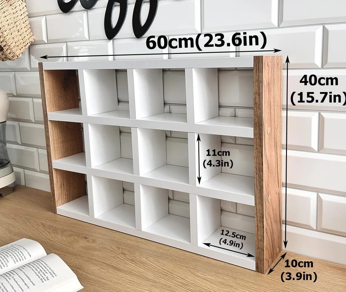 Stojąca półka na kubki – stylowy organizer na kubki, filiżanki i akcesoria | 12 przegródek | Bez montażu | Idealna do kuchni, jadalni i biura | Dąb Craft + biały