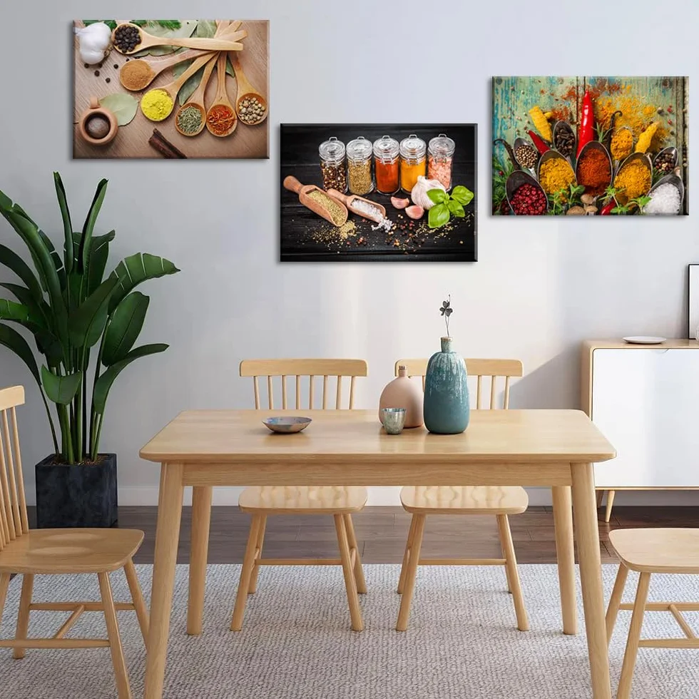 Piy Painting Zestaw 3 Obrazów Na Płótnie, Obrazy Dekoracyjne Na Płótnie, Motyw Przyprawy I Lyżki, Druk Artystyczny Na Płótnie, Sztuka ścienna Do Dekoracji Kuchni, 58x40 cm / 174x40 cm