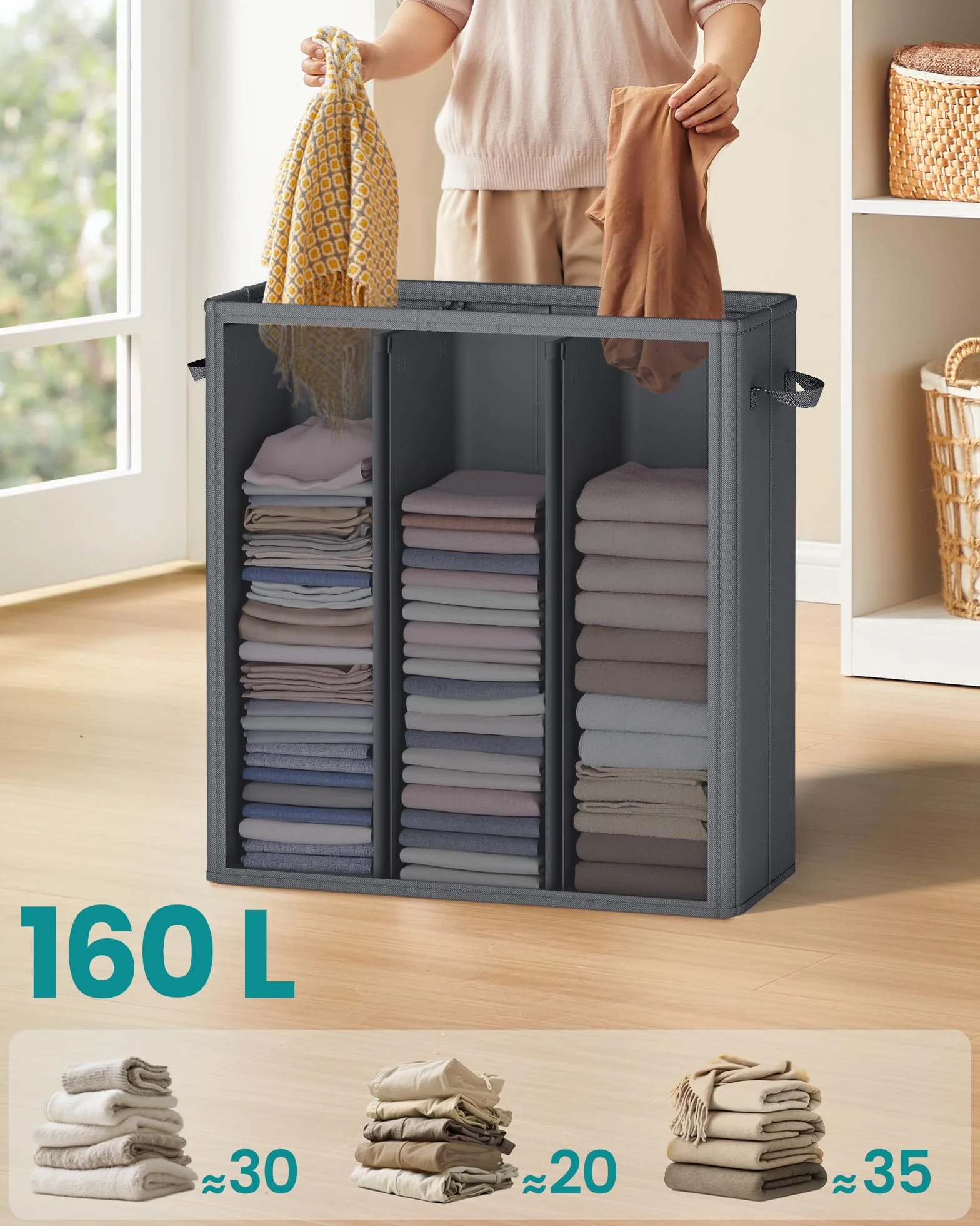 SONGMICS Kosz na pranie, 3 przegrody, 160 l, z pokrywką, 5 etykiet, wyjmowana i nadająca się do prania wewnętrzna torba, pralnia, sypialnia, ciemnoszary RLH013G01