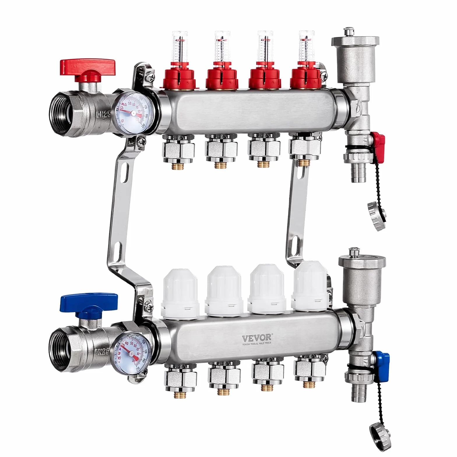 VEVOR 4-gałęziowy kolektor grzewczy promiennikowy kolektor rurowy PEX 12,7 mm ze stali nierdzewnej PEX, z adapterami 12,7 mm, do hydronicznej podłogi, kolektora PEX