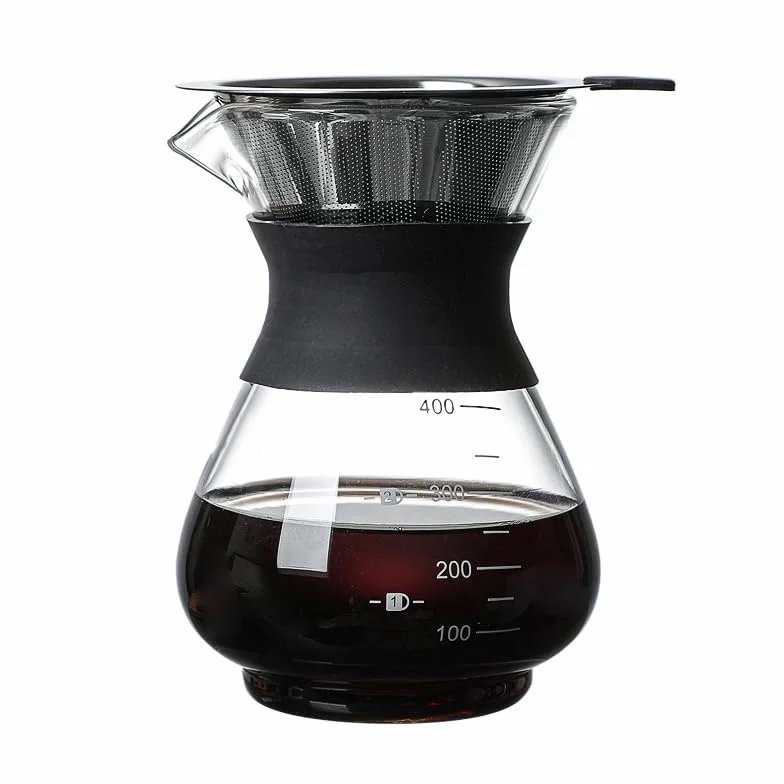 PIQIUQIU Pour Over ekspres do kawy 400ml, szklany ekspres do kawy, ręczny ekspres do kawy kroplowy, ręczny ekspres do kawy z filtrem ze stali nierdzewnej