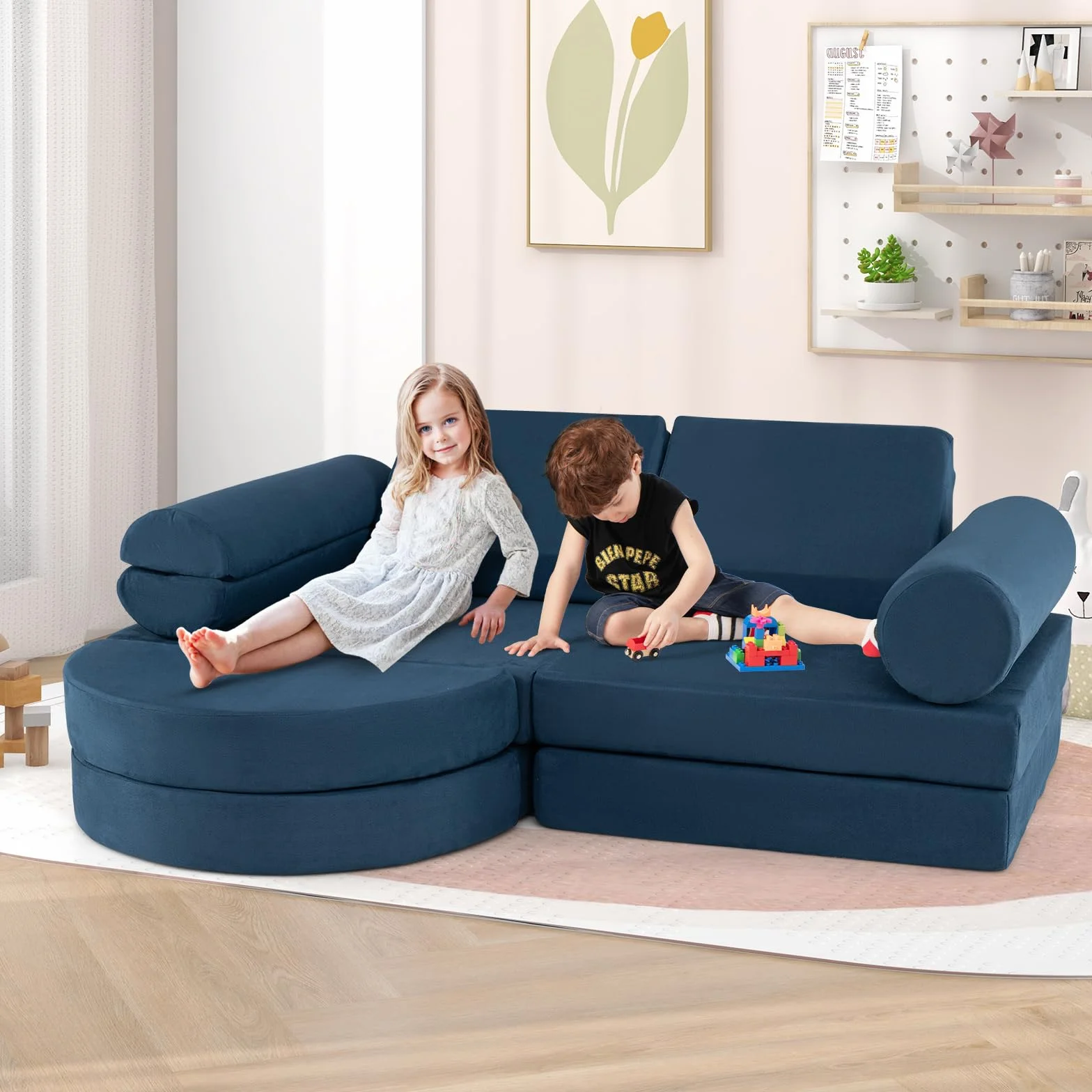 COSTWAY 14-częściowa modułowa sofa dziecięca, do zabawy z pianki, klocków, wspinaczki i raczkowania, rozkładana, do pokoju dziecięcego, pokoju zabaw (granatowa)