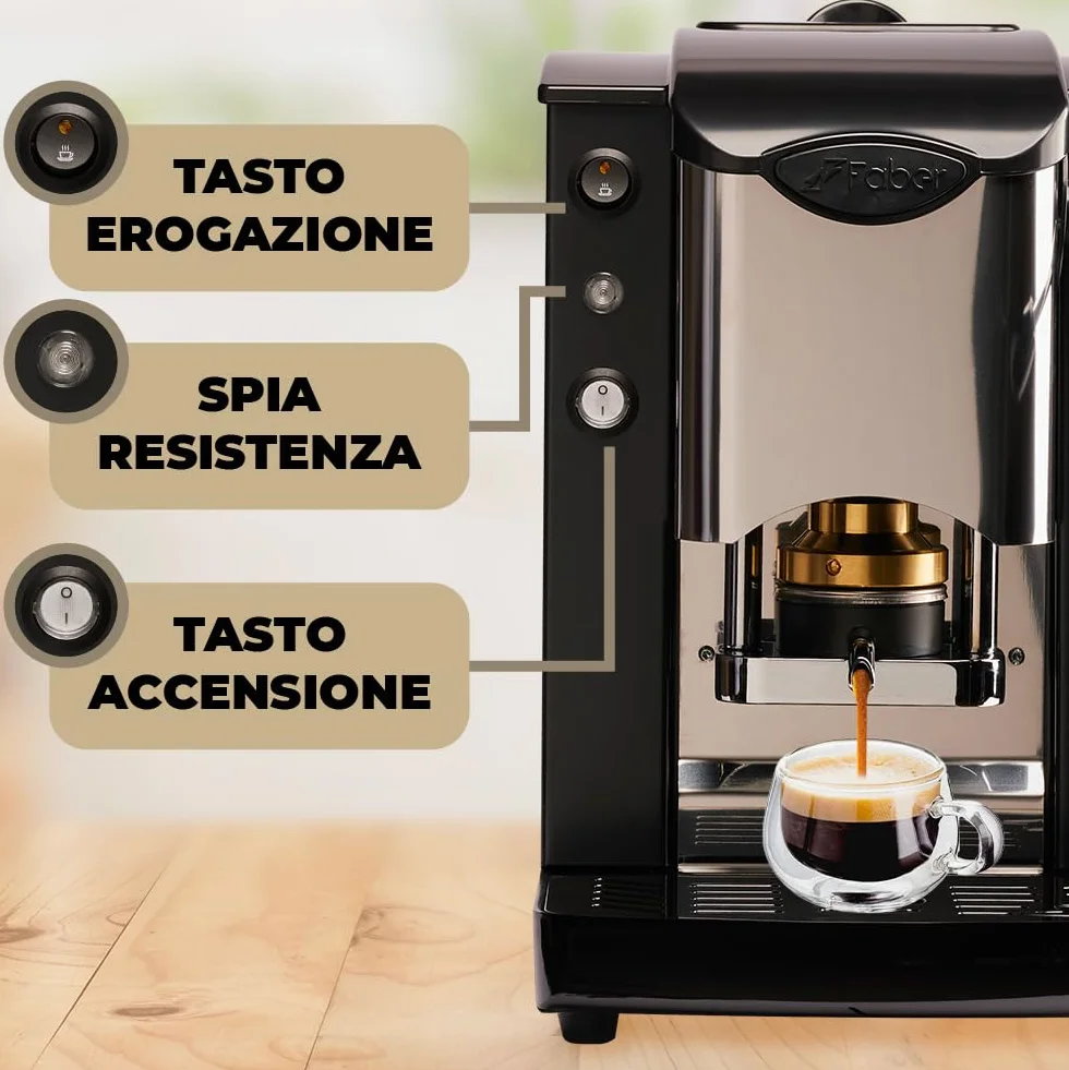 FABER COFFEE MACHINES | Model z wbudowanym gniazdem ze stali nierdzewnej | Ekspres do kawy 44 mm | Kolor czarny z tworzywa sztucznego Burgundowy | Mosiężna prasa do kapsułek (czarny/czarny)