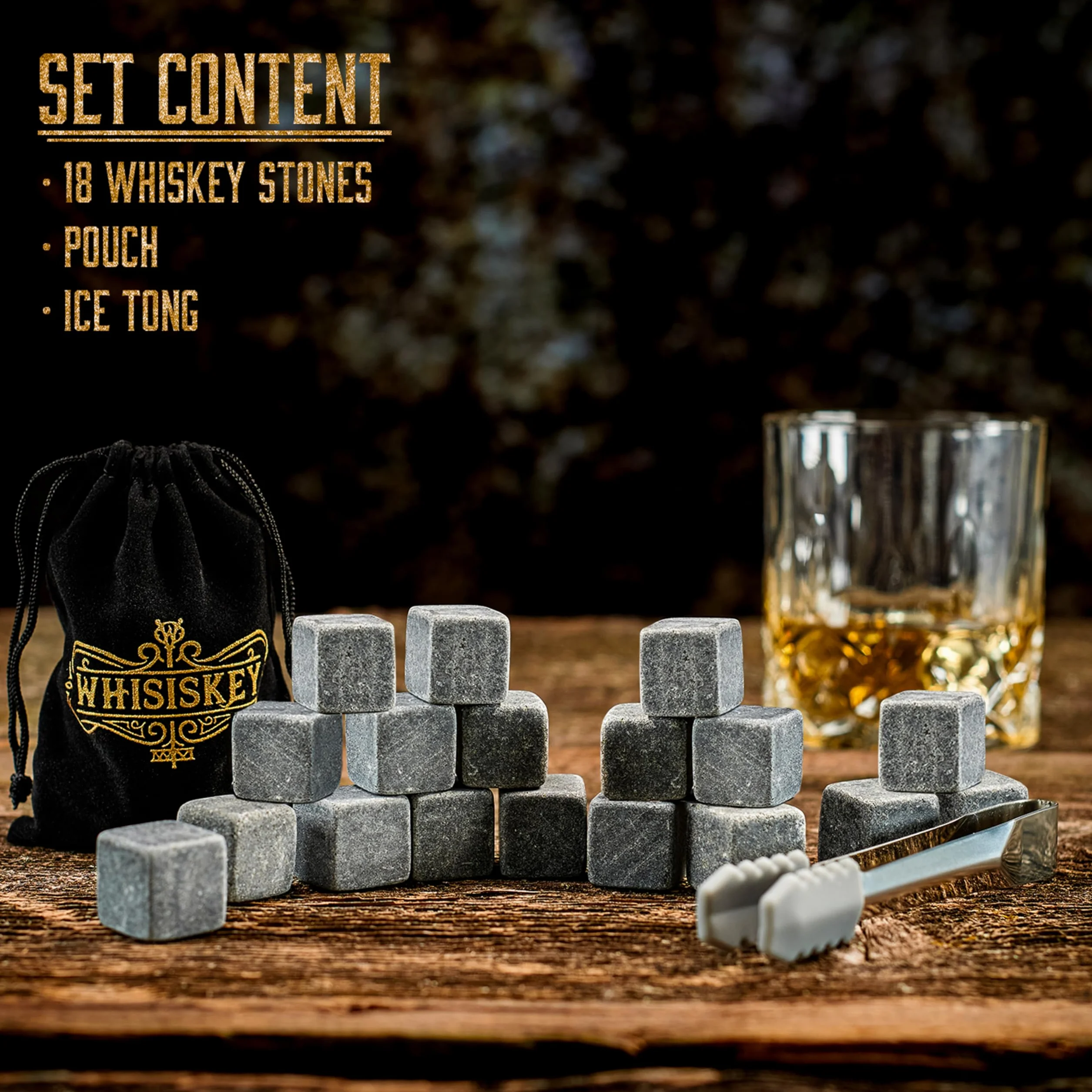 WHISISKEY Zestaw Kamienie do Whisky - 18 Kamieni do Whiskey - Prezenty dla Mężczyzn - Akcesoria do Whisky - Wielokrotnego Użytku Kostki Lodu - Pomysły na Prezent dla Mężczyzny