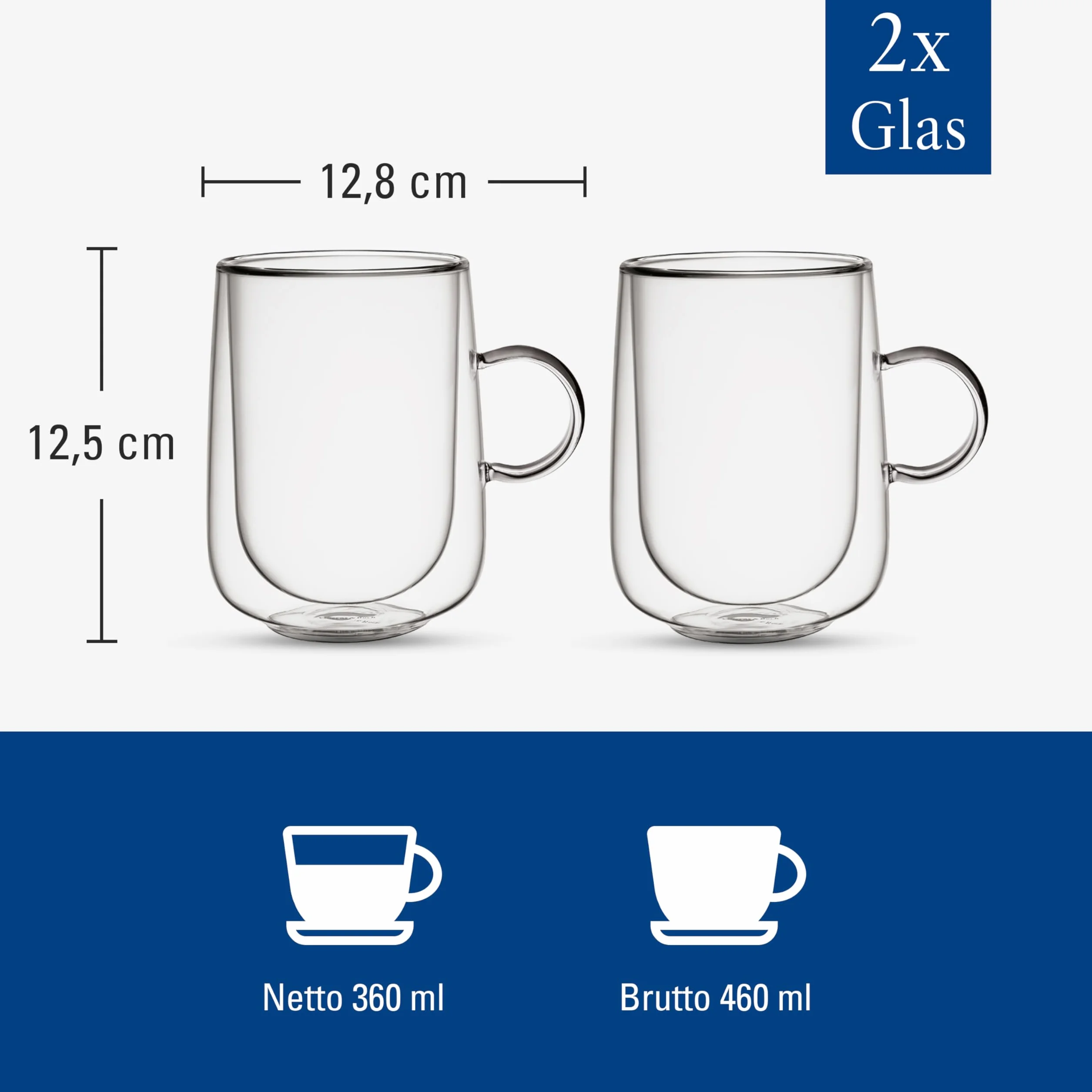 Villeroy & Boch – Artesano Hot&Cold Beverages szklanka z uchwytem do latte macchiato, zestaw 2 szklanek, podwójne ścianki, 360 ml, szkło borokrzemowe, zmywarka, mikrofala