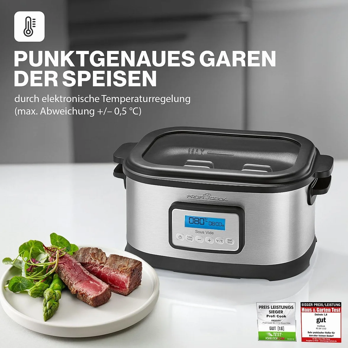 ProfiCook PC-SV 1112 - Cocotte mijoteuse et Cuiseur sous vide basse température - Capacité 8,5 Litres - 520 Watts Gris/Noir