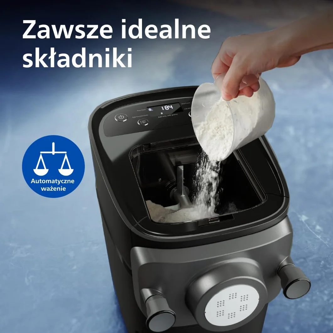 Philips Seria 7000 Urządzenie do wyrobu makaronu - Technologia ProExtrude, Automatyczne ważenie, 8 tarczy formujących, Idealne ciasto, Łatwe czyszczenie, Czarny (HR2665/93)